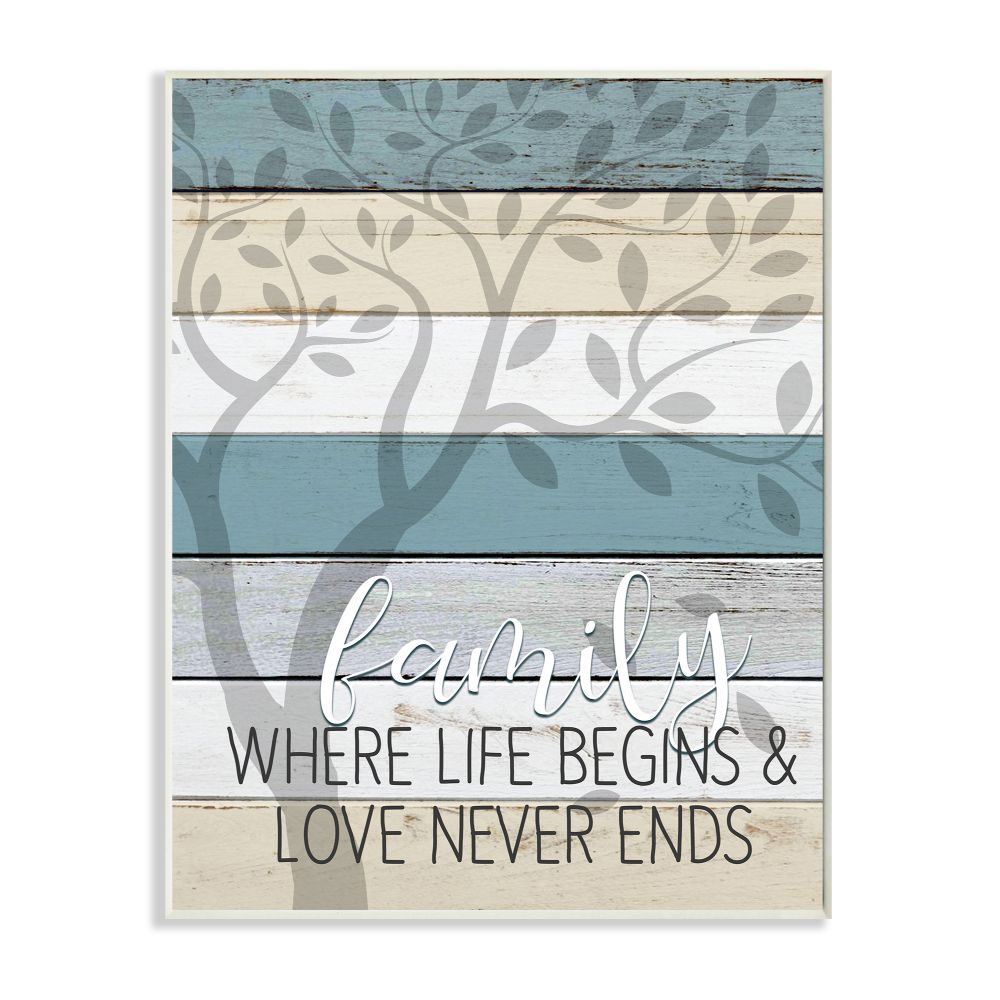 Stupell Industries Family Begin and End Quote Tree Wood Grain Blue Tan Phrase Graphic Art Unframed Art Print Wall Art, 10x15, by Kim Allen