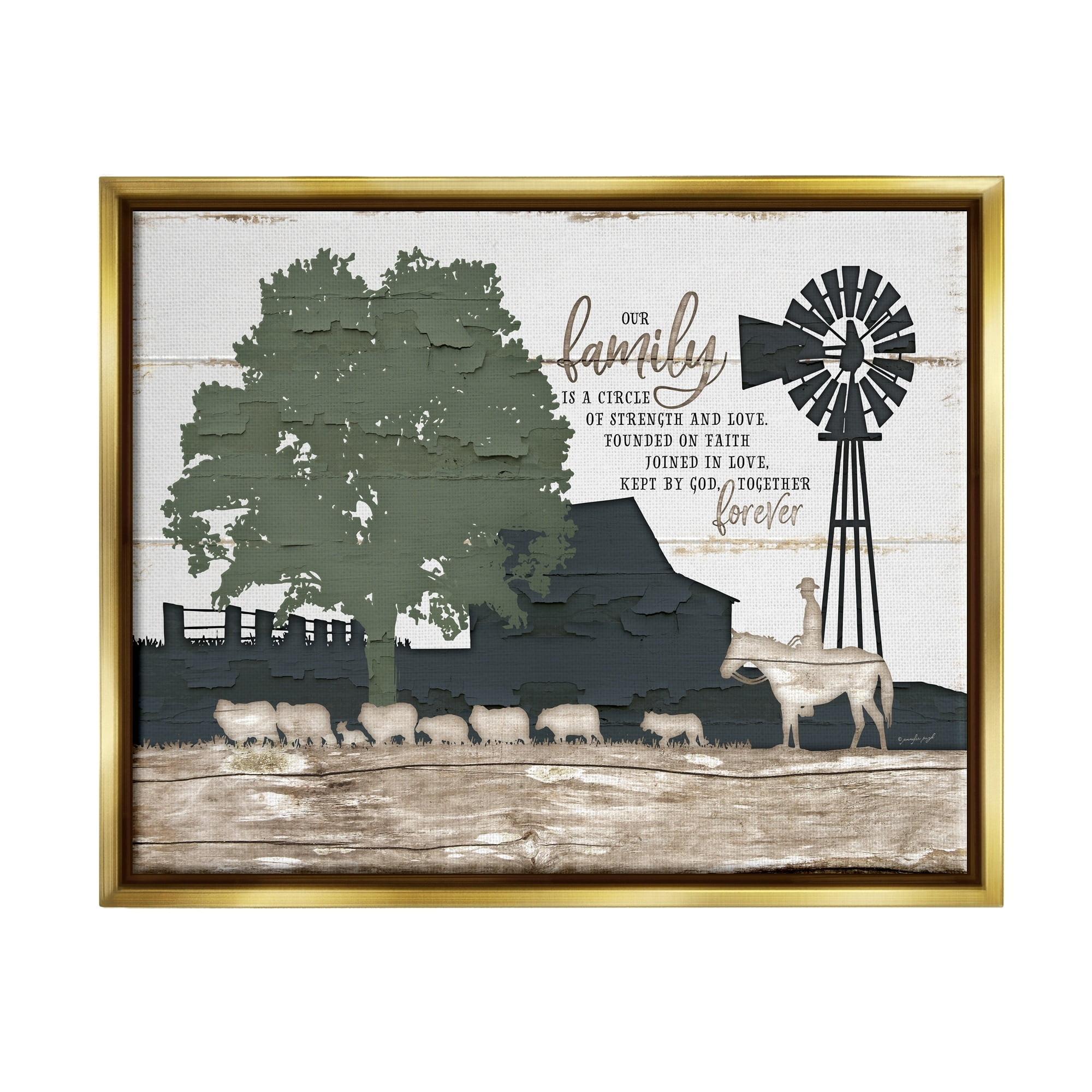 Stupell Industries Our Family Is A Circle of Strength Farm Homestead Silhouette Metallic Gold Framed Floating Canvas Wall Art, 24x30, by Jennifer Pugh