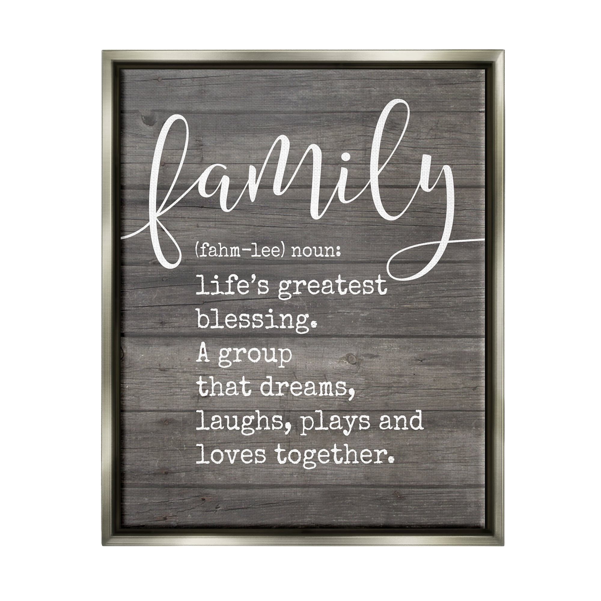 Stupell Industries Family Definition Planked Luster Gray Framed Floating Canvas Wall Art, 16x20, by Lettered and Lined