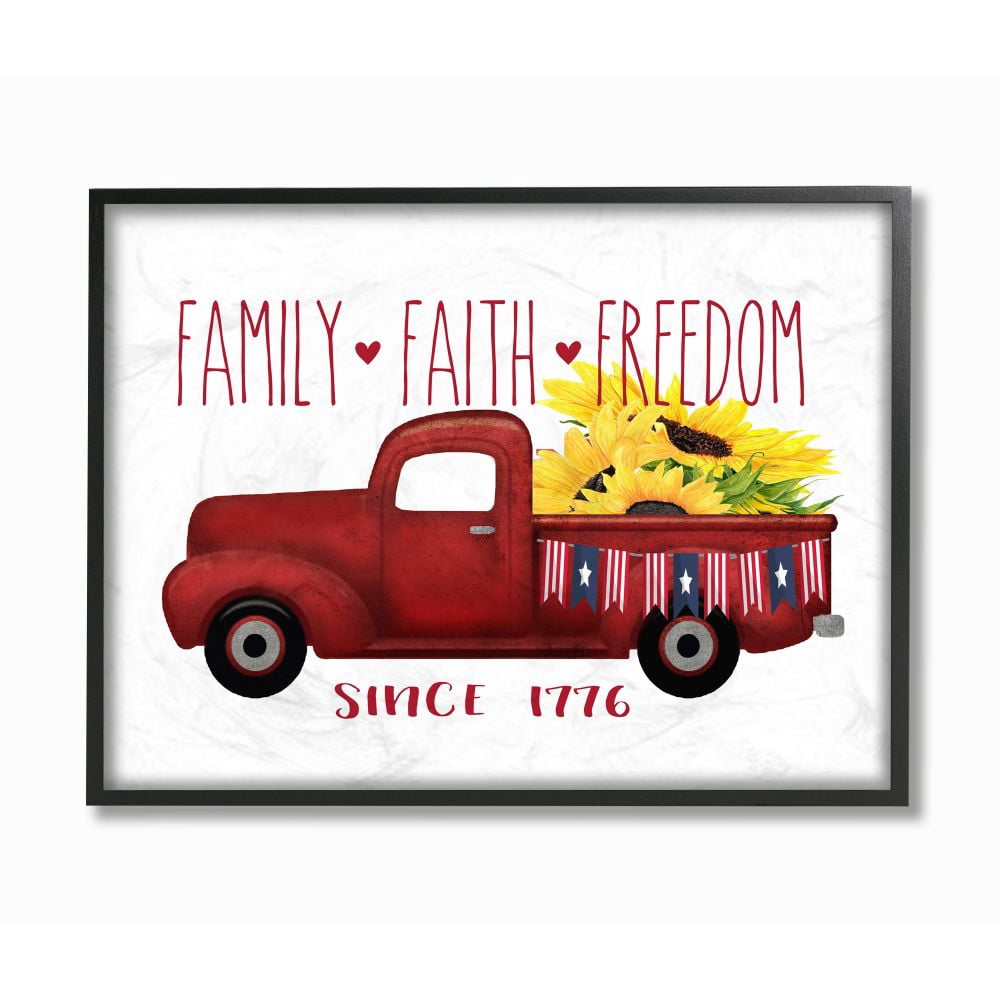 Stupell Industries Family Faith Freedom Americana Floral Country Truck Framed Wall Art Design by Lettered and Lined, 11" x 14", Black Framed