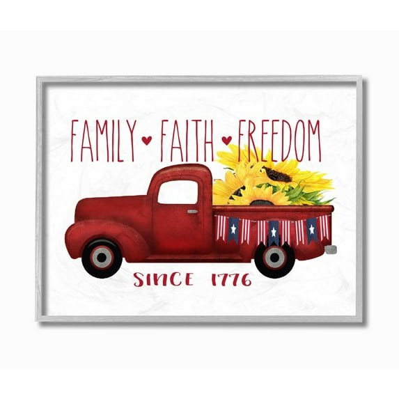 Stupell Industries Family Faith Freedom Americana Floral Country Truck Framed Wall Art Design by Lettered and Lined, 11" x 14", Gray Framed