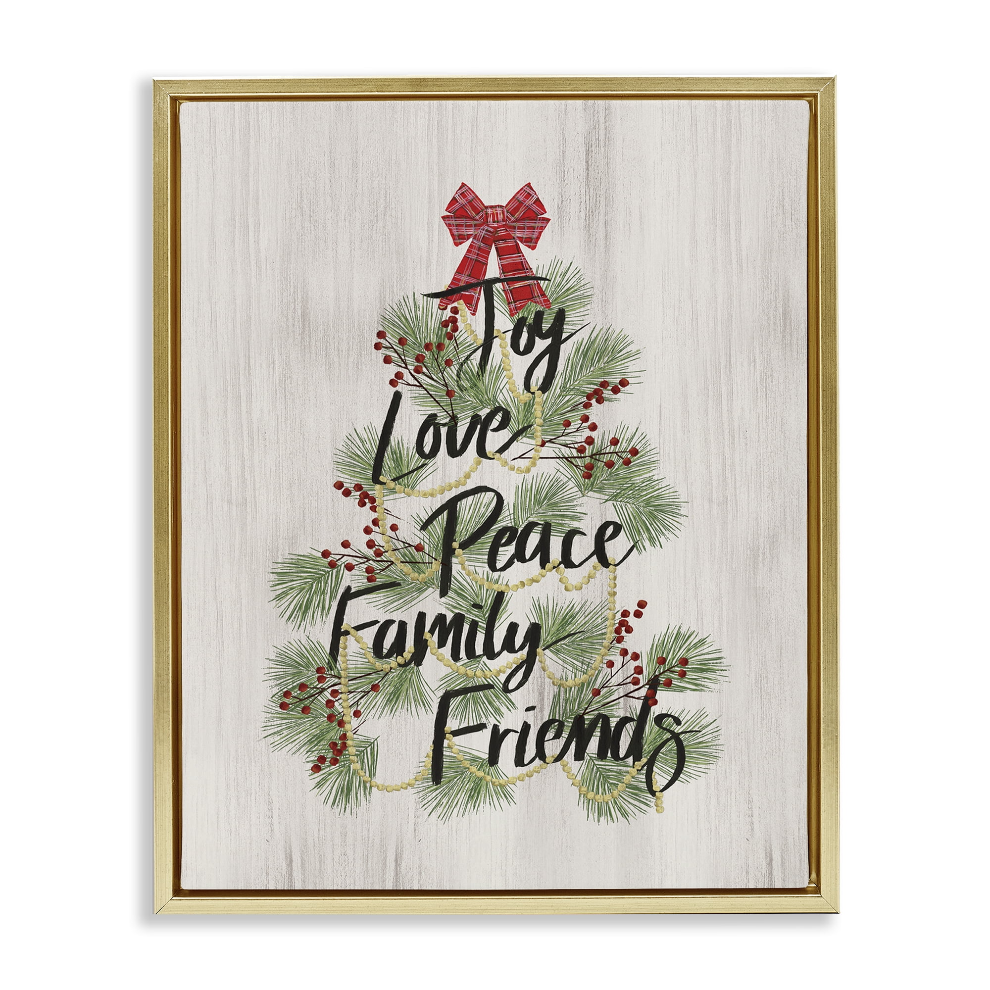 Stupell Industries Family Friends Christmas Tree Holiday Painting Gold Floater Framed Canvas Art Prints Wall Art, 25 x 31