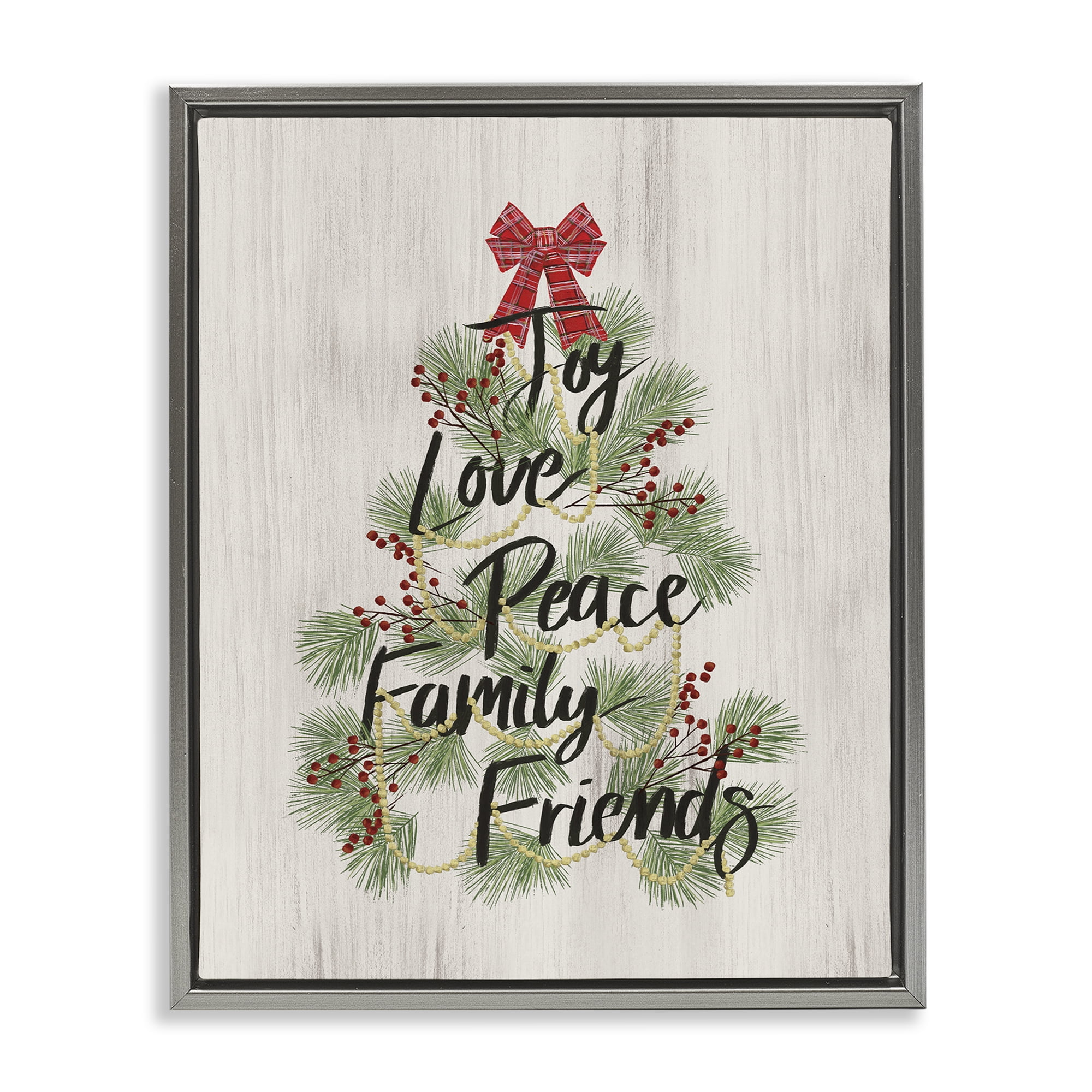 Stupell Industries Family Friends Christmas Tree Holiday Painting Gray Floater Framed Canvas Art Prints Wall Art, 17 x 21