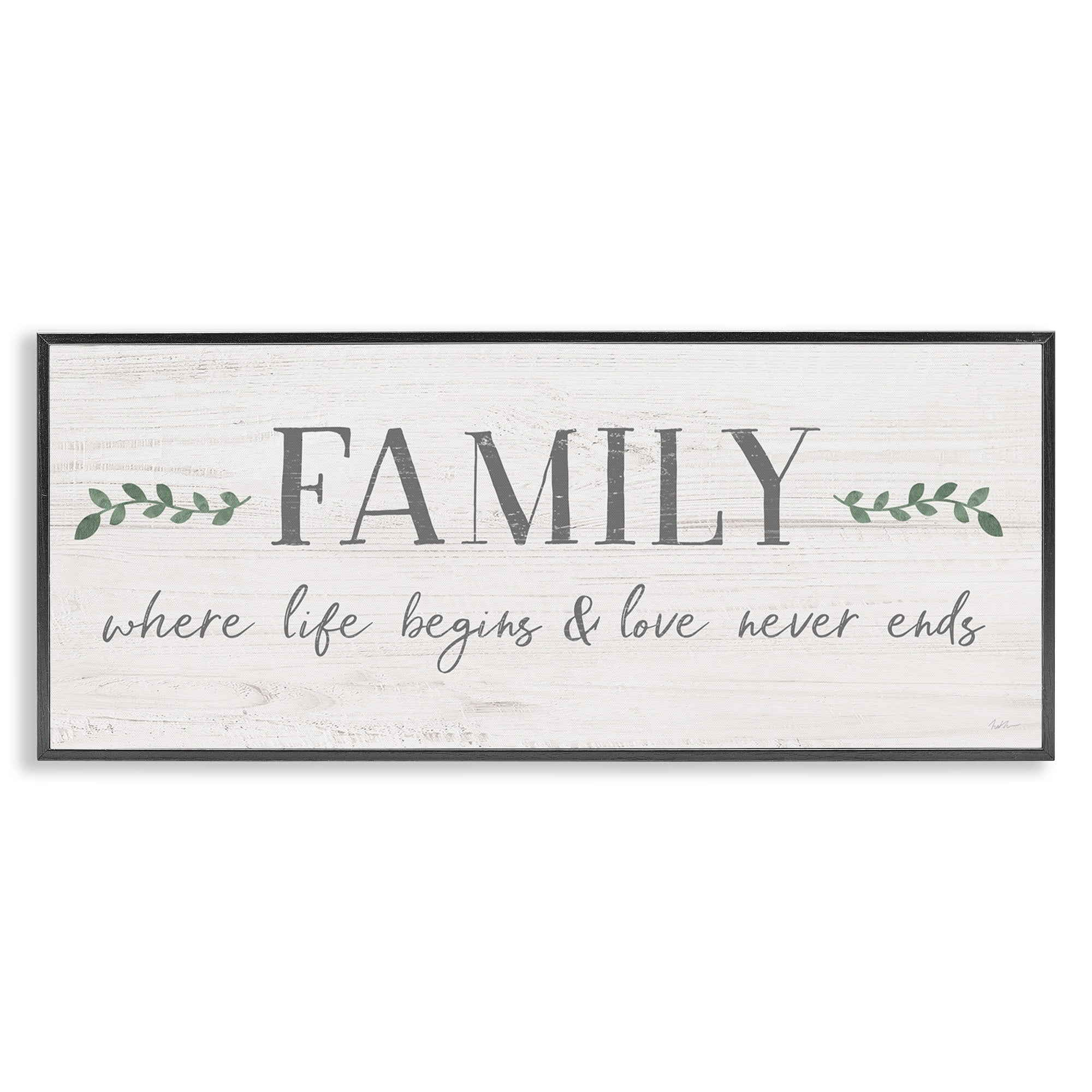 Stupell Industries Family Life Begins Love Never Ends Motivational Phrase Graphic Art Black Framed Art Print Wall Art, 24x10, by Natalie Carpentieri