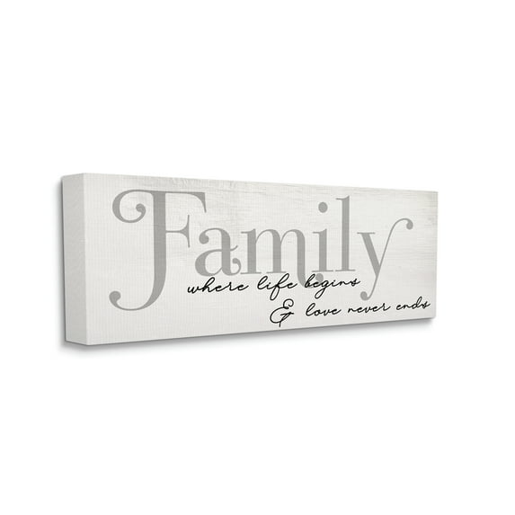 Stupell Industries Family Life Begins & Love Never Ends Phrase Country Painting Gallery-Wrapped Canvas Print Wall Art, 10 x 24, Design by Daphne Polselli