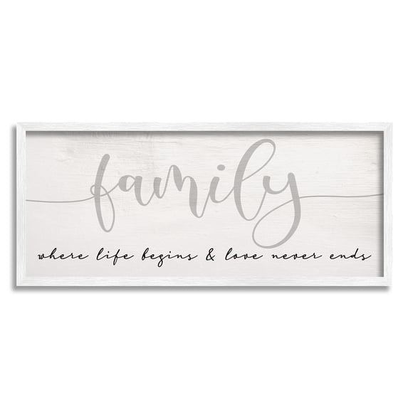 Stupell Industries Family Love Never Ends Sentiment Charming Typography Modern Painting White Framed Art Print Wall Art, 10 x 24, Design by Daphne Polselli
