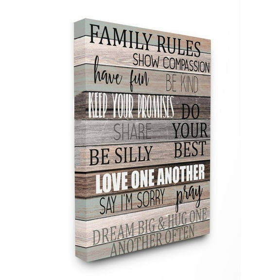 Stupell Industries Family Rules Text Fun Wood Grain Rustic Tan Teal Canvas Wall Art Design by Kim Allen, 16" x 20"