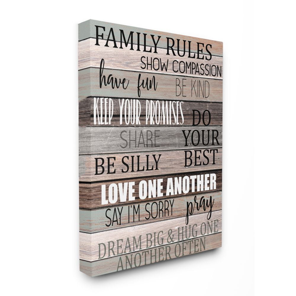 Stupell Industries Family Rules Text Fun Wood Grain Rustic Tan Teal Canvas Wall Art Design by Kim Allen, 36" x 48"
