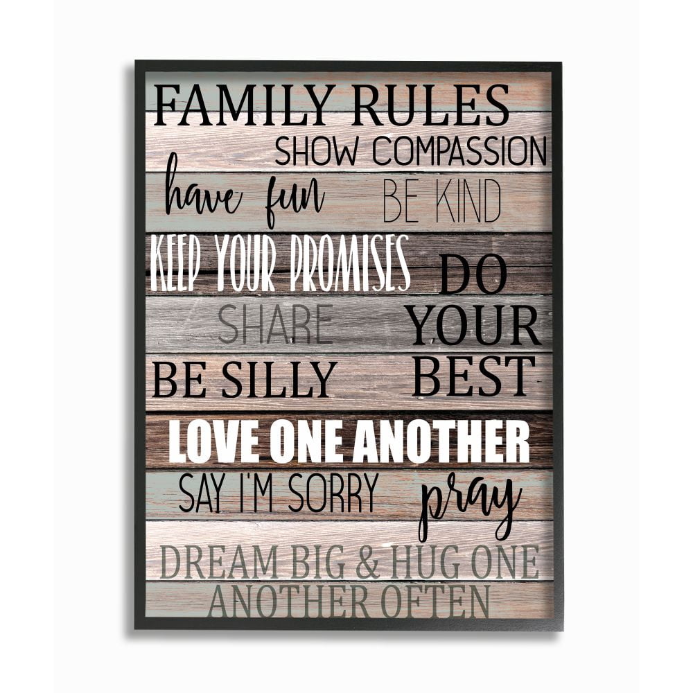 Stupell Industries Family Rules Text Fun Wood Grain Rustic Tan Teal Framed Wall Art Design by Kim Allen, 16" x 20", Black Framed