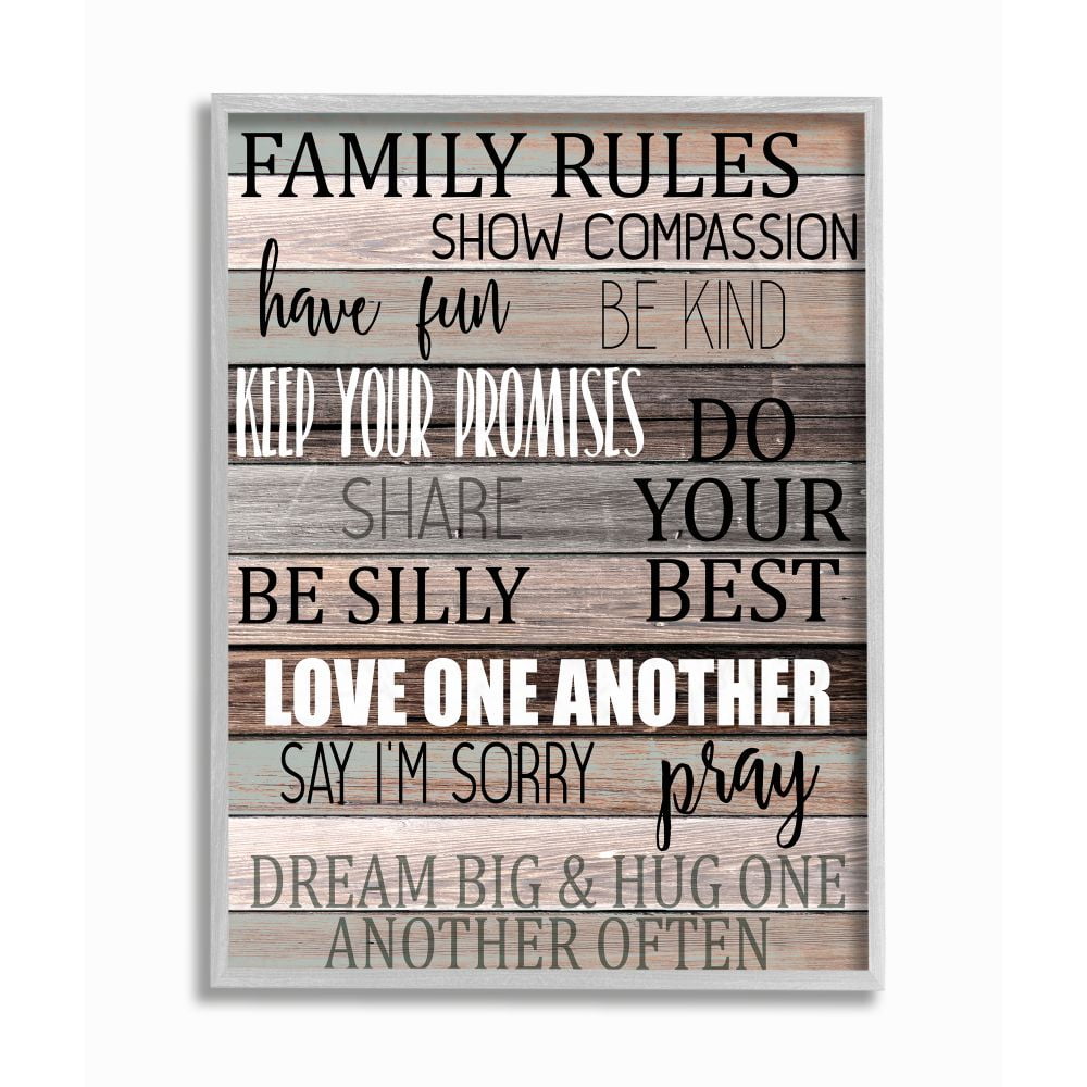 Family Rules Rustic Tan and Teal Wood Grain Framed Wall Art, 16" x 20"