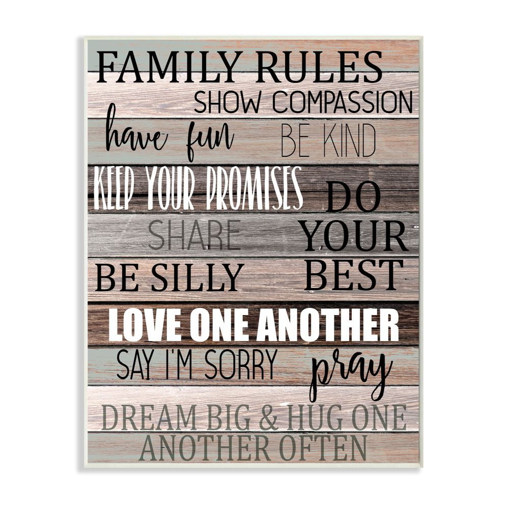 Stupell Industries Family Rules Text Fun Wood Grain Rustic Tan Teal Graphic Art Unframed Art Print Wall Art, 13x19, by Kim Allen