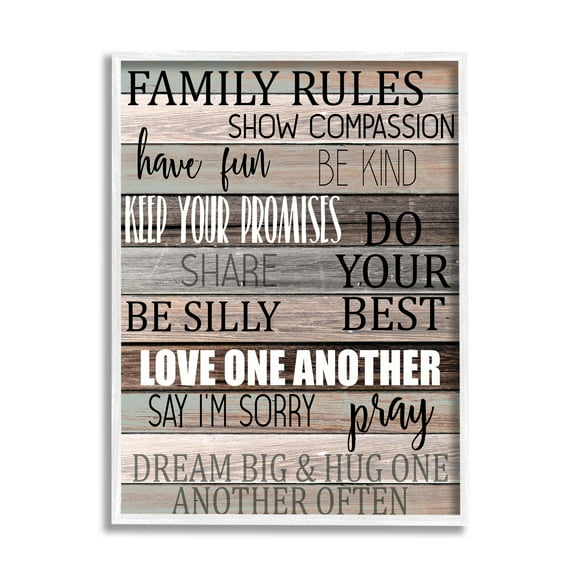 Stupell Industries Family Rules Text Fun Wood Grain Rustic Tan Teal Graphic Art White Framed Art Print Wall Art, 11x14, by Kimberly Allen