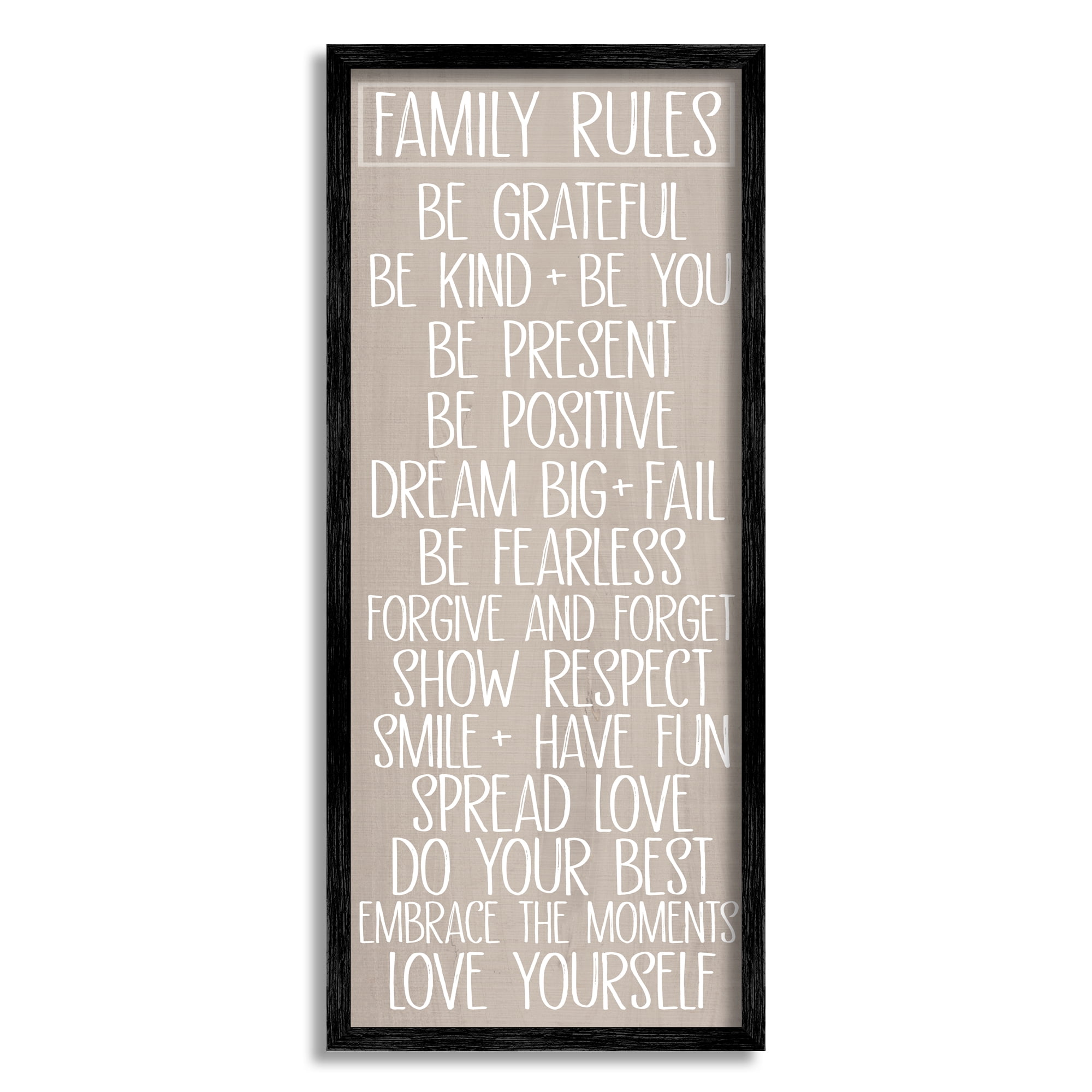 Stupell Industries Family Rules Uplifting List Typography Painting Black Framed Art Print Wall Art, 10 x 24