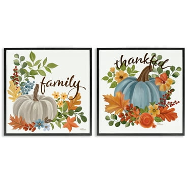 Stupell Industries Family Thankful Fall Pumkin Botanical & Floral Painting Black Framed Art Prints Wall Art, 12 x 12, Set of 2