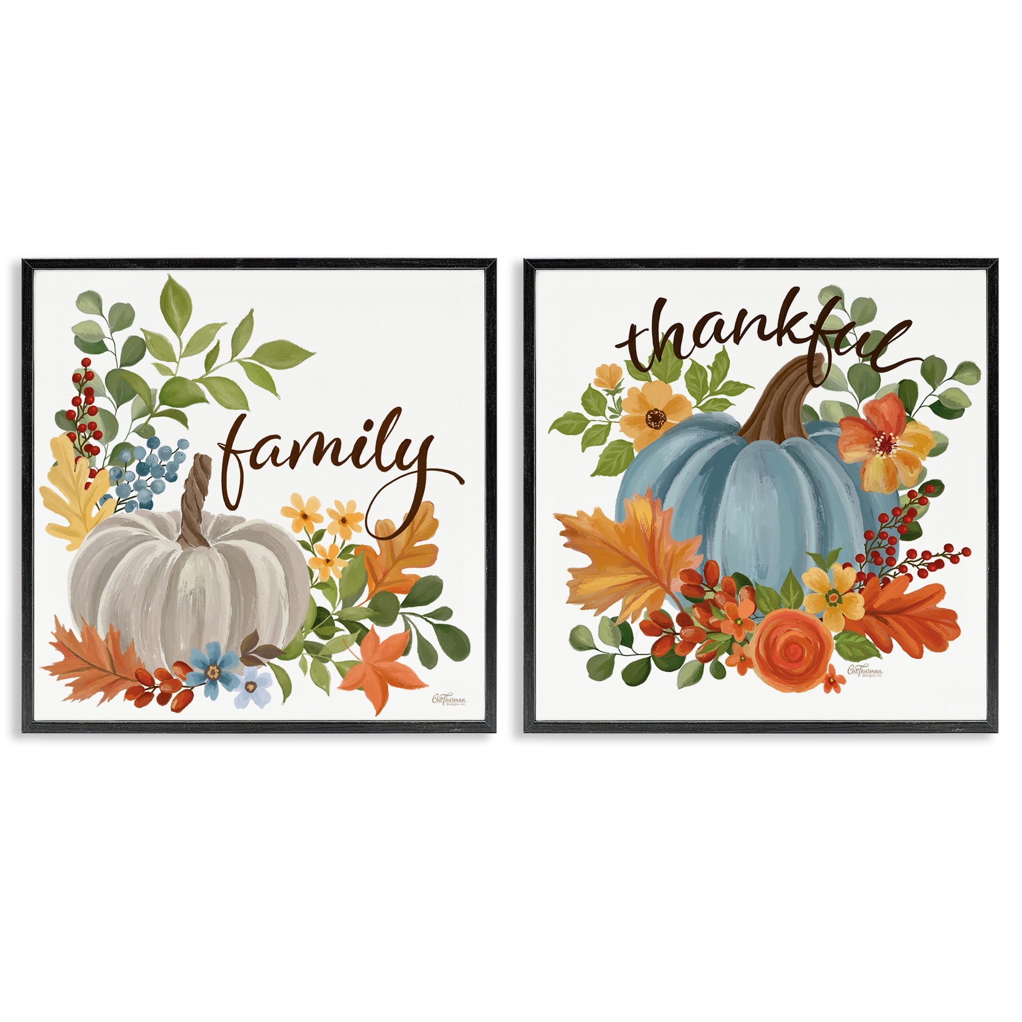 Stupell Industries Family Thankful Fall Pumkin Botanical & Floral Painting Black Framed Art Prints Wall Art, 24 x 24, Set of 2