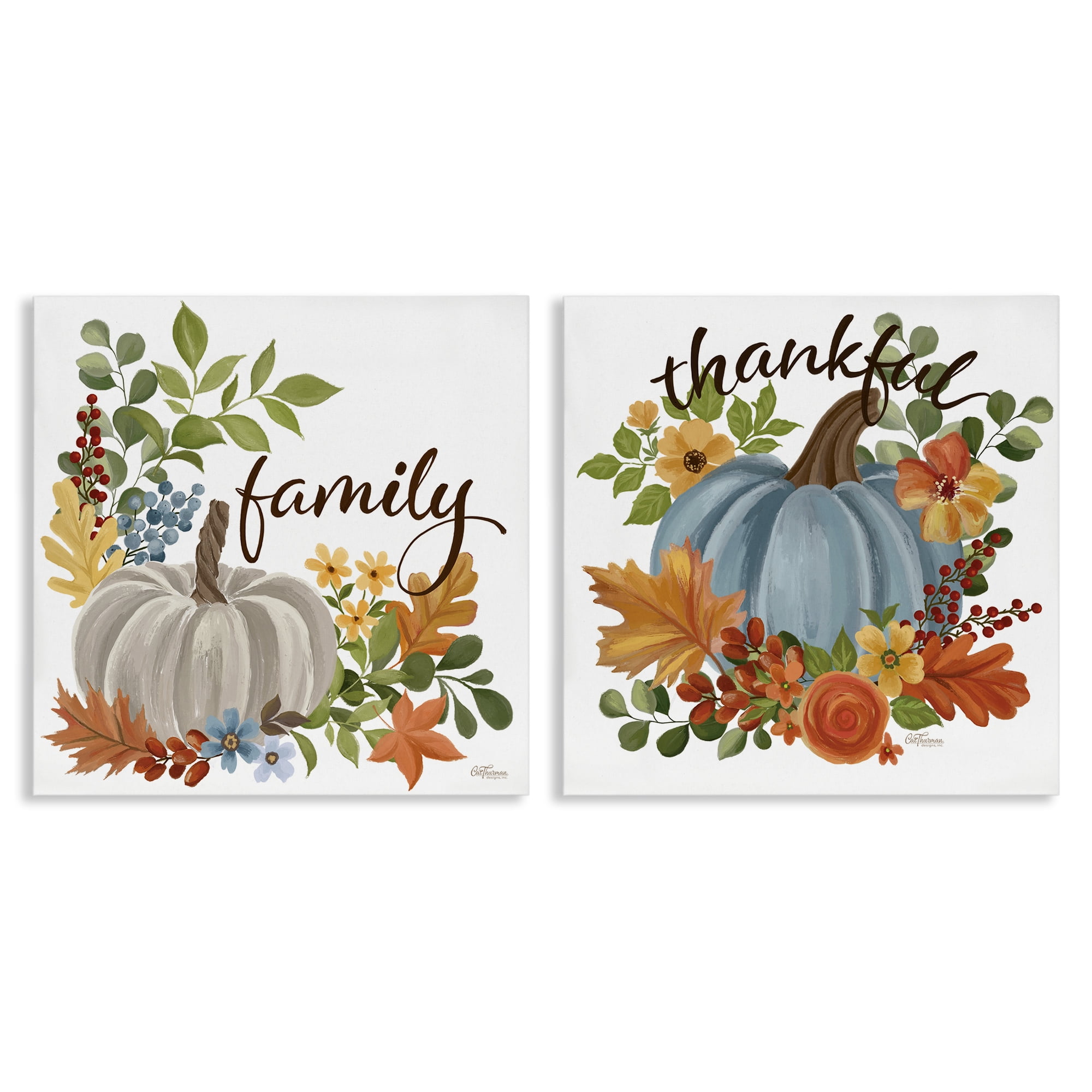 Stupell Industries Family Thankful Fall Pumkin Botanical & Floral Painting Gallery Wrapped Canvas Art Prints Wall Art, 24 x 24, Set of 2