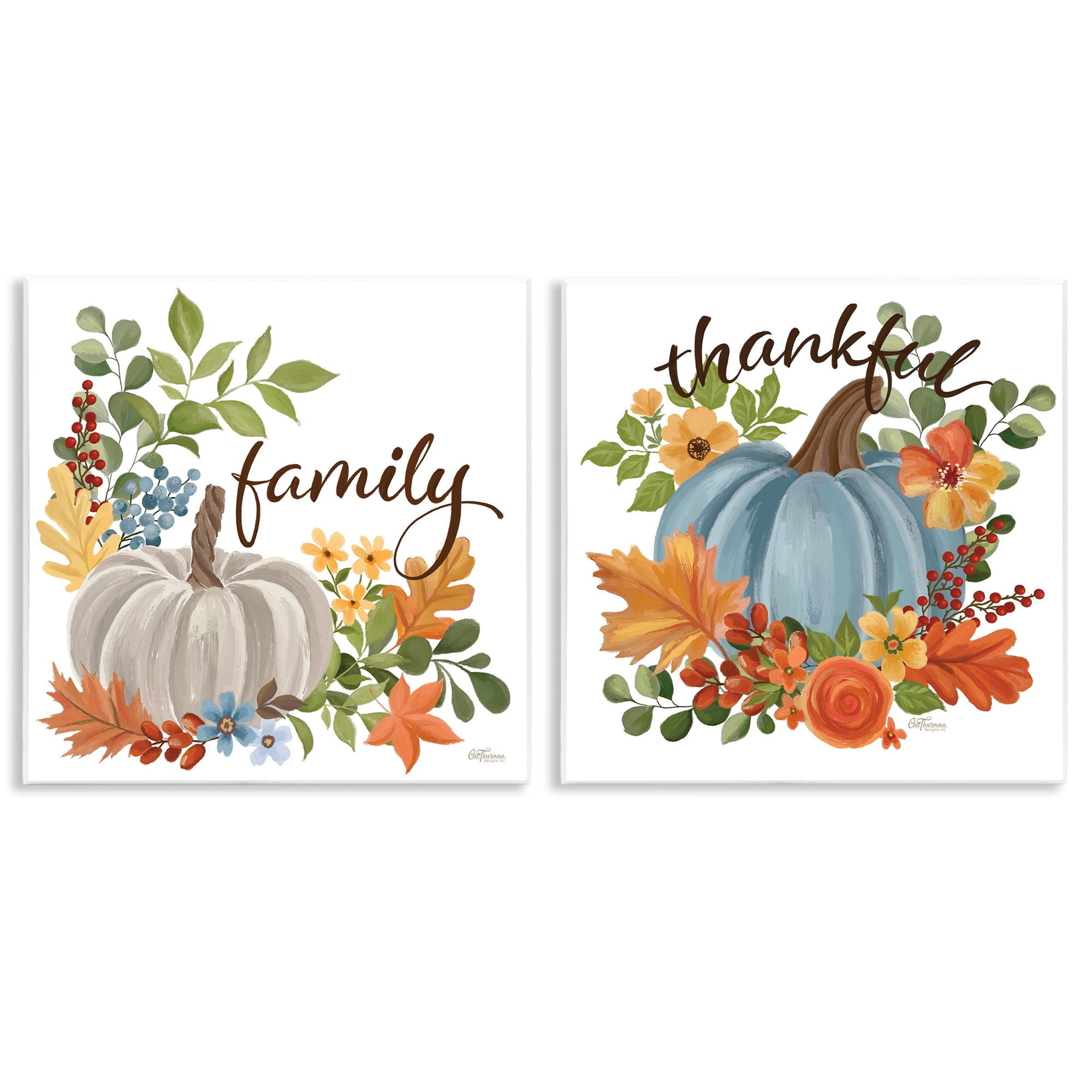 Stupell Industries Family Thankful Fall Pumkin Botanical & Floral Painting Unframed Art Prints Wall Art, 12 x 12, Set of 2