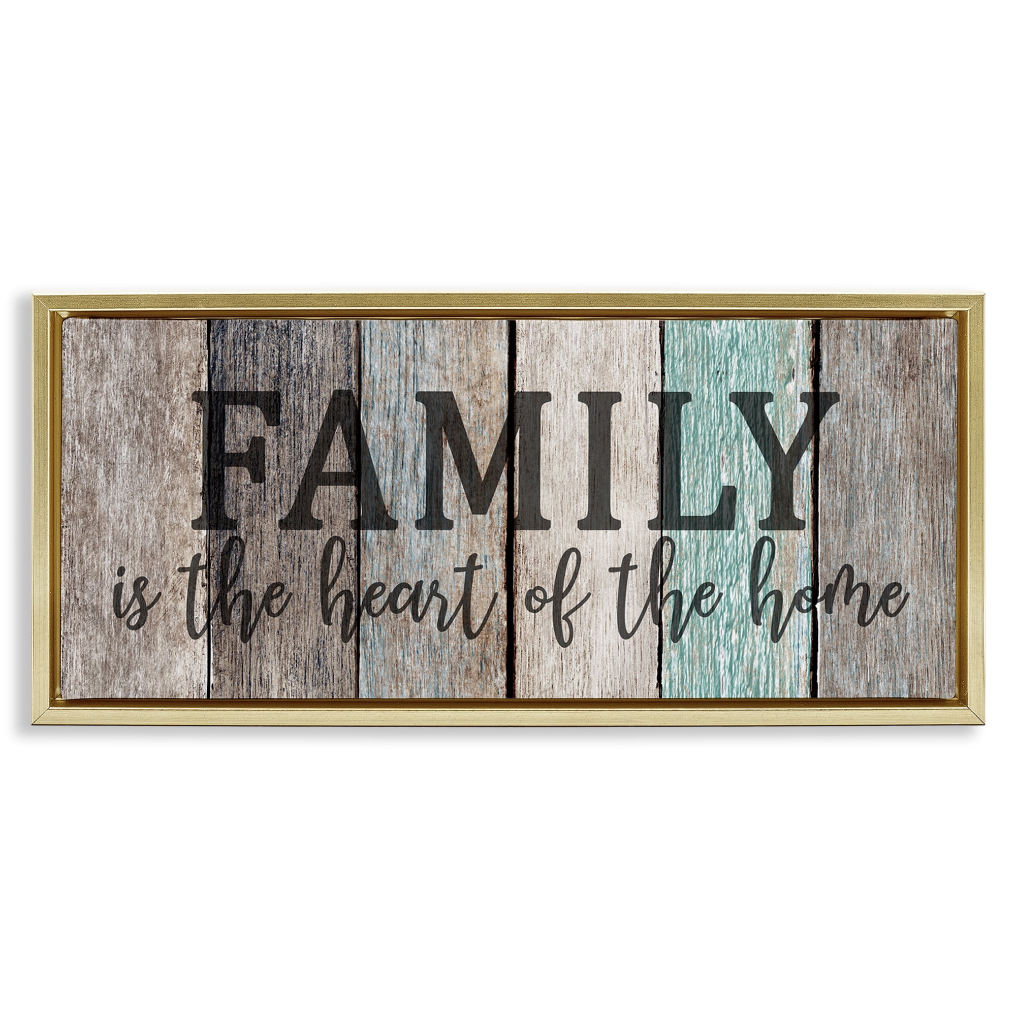 Stupell Industries Family is Heart of Home Quote Inspirational Painting Gold Floater Framed Canvas Art Print Wall Art, 25 x 11