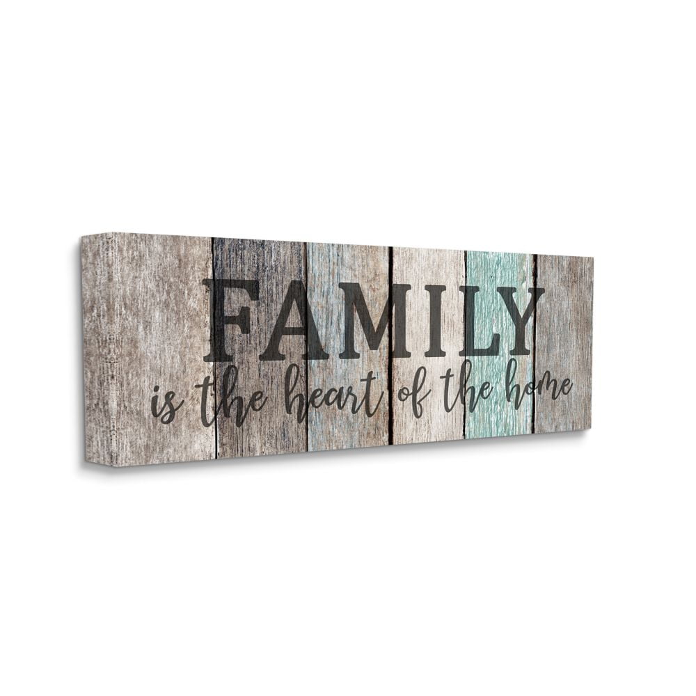 Stupell Industries Family is the Heart of Home Quote Weathered Wood Grain Canvas Wall Art Design by Kim Allen, 13" x 30"