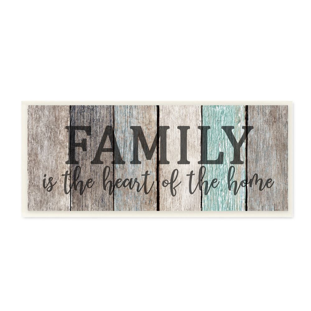 Stupell Industries Family is the Heart of Home Quote Weathered Wood Grain Graphic Art Unframed Art Print Wall Art, 7x17, by Kim Allen