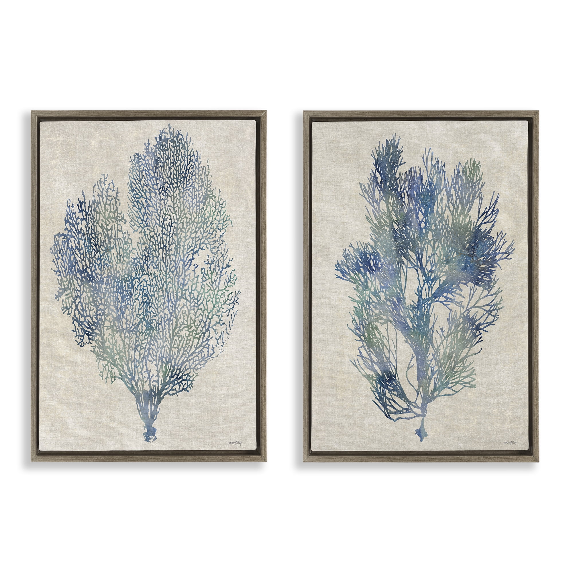 Stupell Industries Fan Coral Study in Blues 2 Piece Brown Framed Floater Canvas Set, design by Amber Sterling