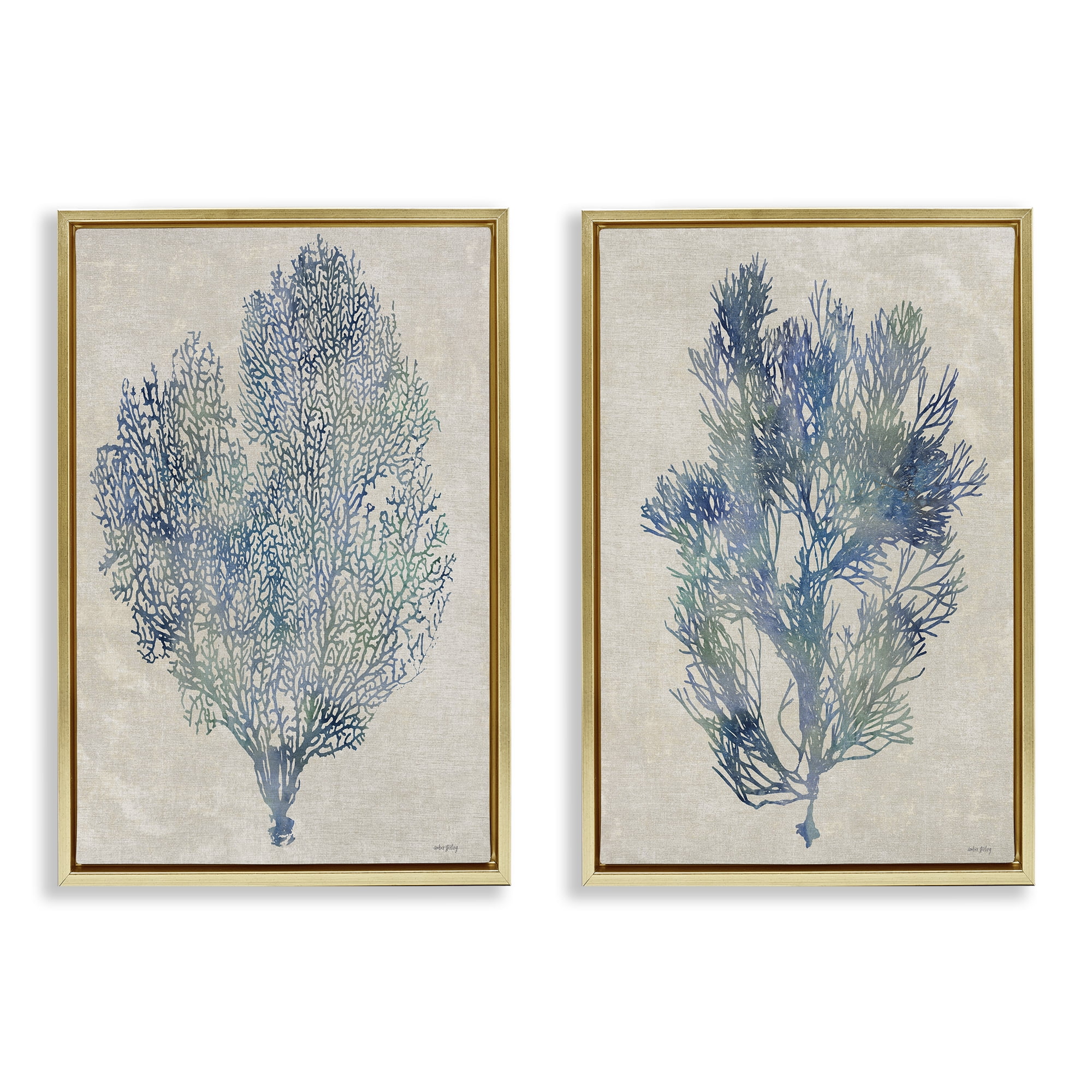 Stupell Industries Fan Coral Study in Blues 2 Piece Gold Framed Floater Canvas Set, design by Amber Sterling