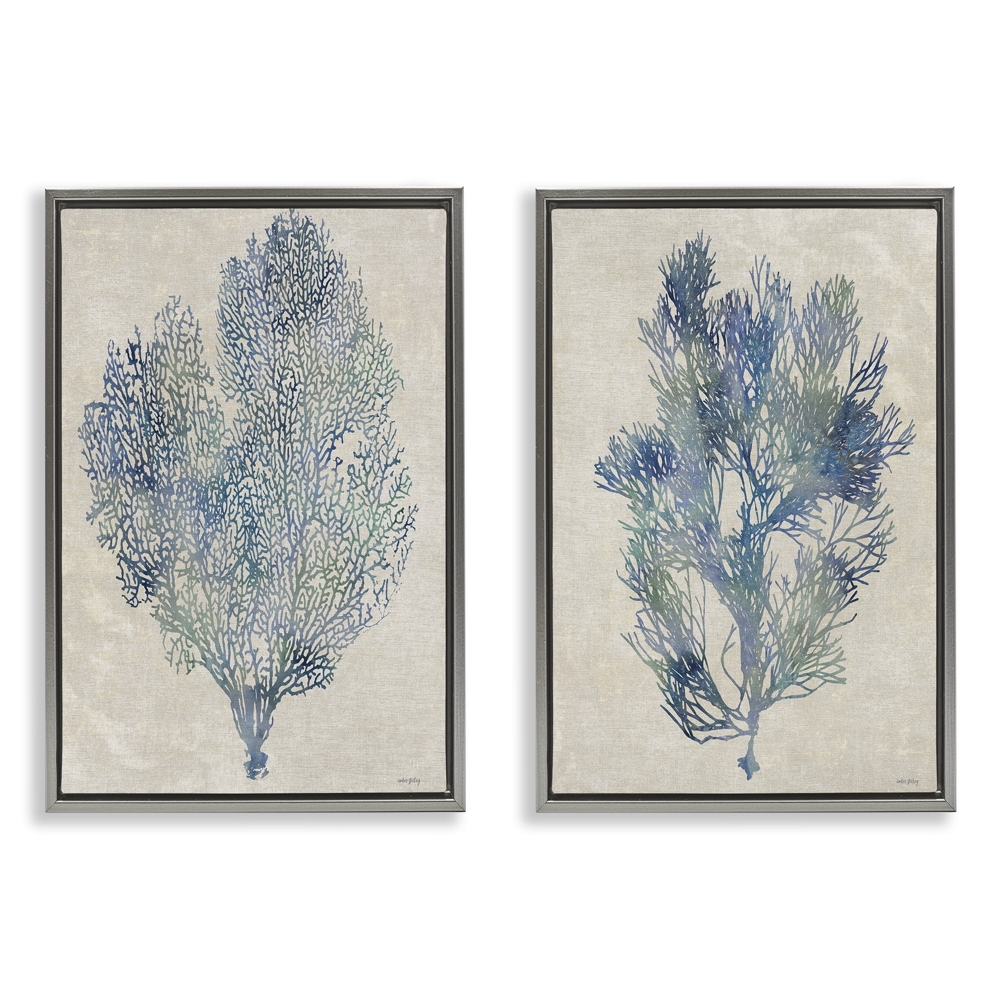 Stupell Industries Fan Coral Study in Blues 2 Piece Gray Framed Floater Canvas Set, design by Amber Sterling