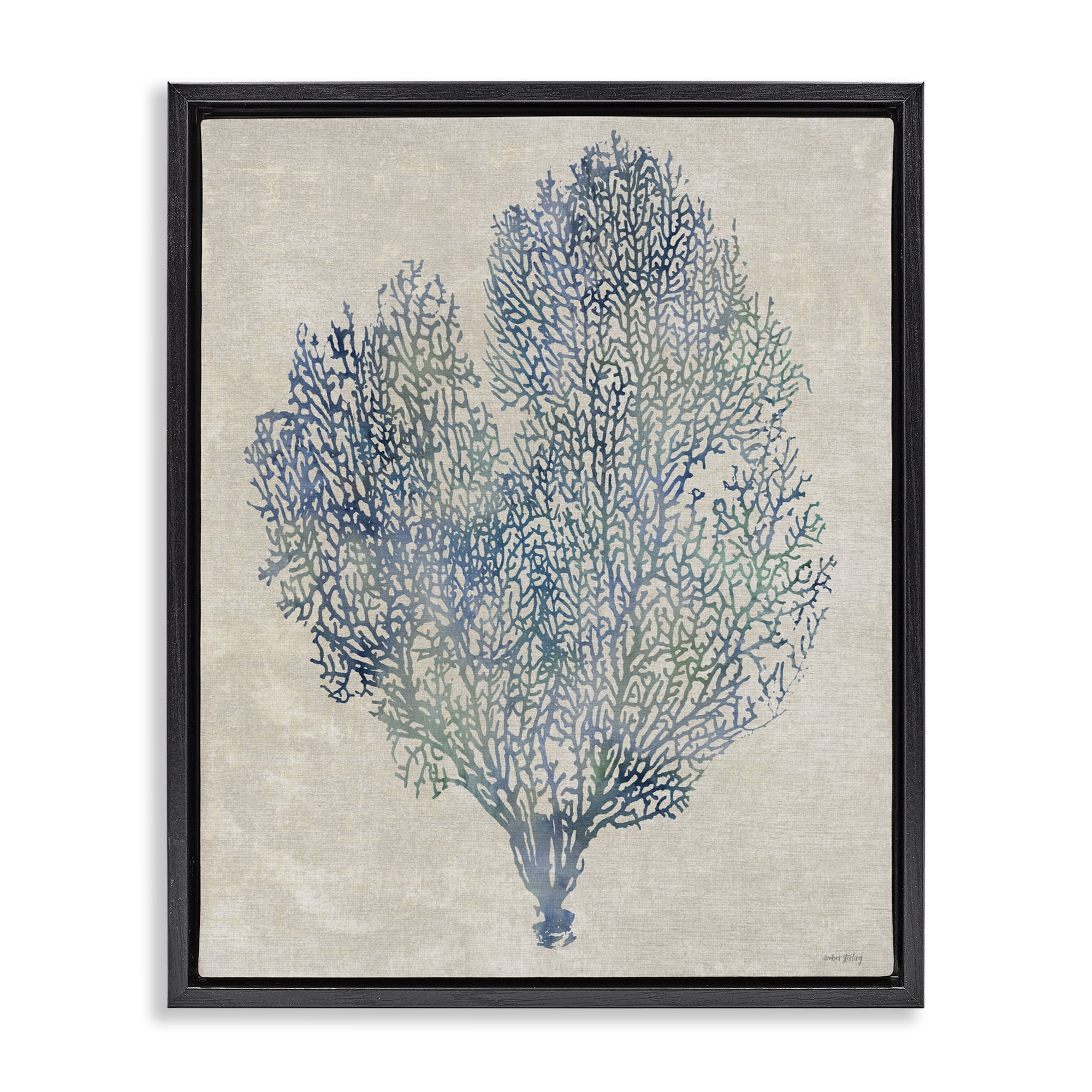 Stupell Industries Fan Coral in Blue & Green Black Framed Floater Canvas Wall Art, design by Amber Sterling
