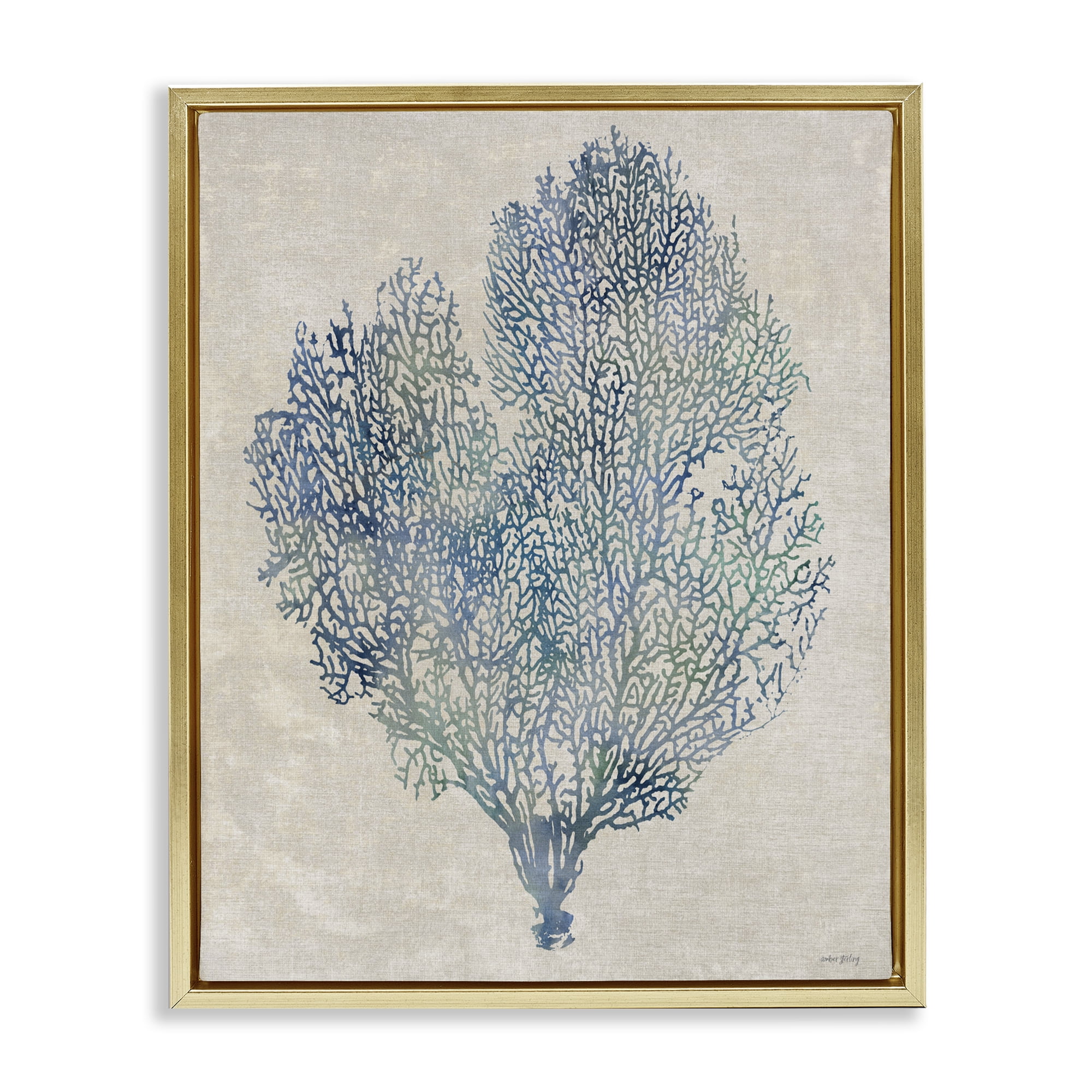 Stupell Industries Fan Coral in Blue & Green Gold Framed Floater Canvas Wall Art, design by Amber Sterling