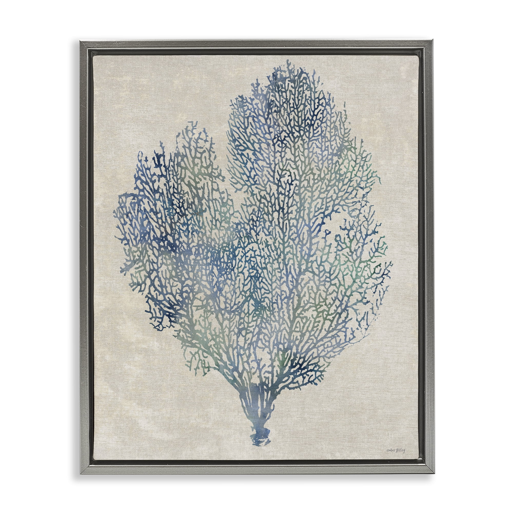 Stupell Industries Fan Coral in Blue & Green Gray Framed Floater Canvas Wall Art, design by Amber Sterling