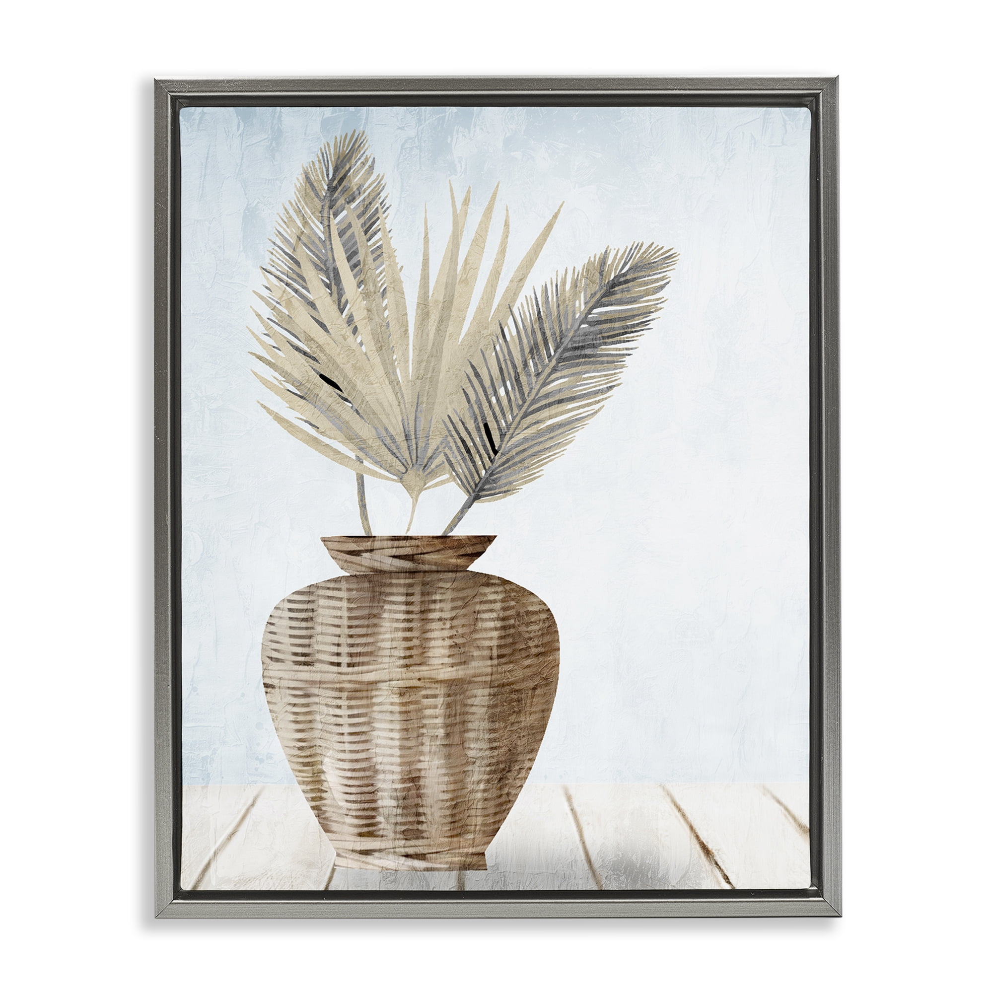 Stupell Industries Fan Plant Leaves Plants & Flowers Painting Gray Floater Framed Canvas Art Print Wall Art, 17 x 21