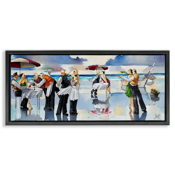 Stupell Industries Fancy Dinner on Beach Novelty Painting Black Floater Framed Canvas Art Print Wall Art, 25 x 11