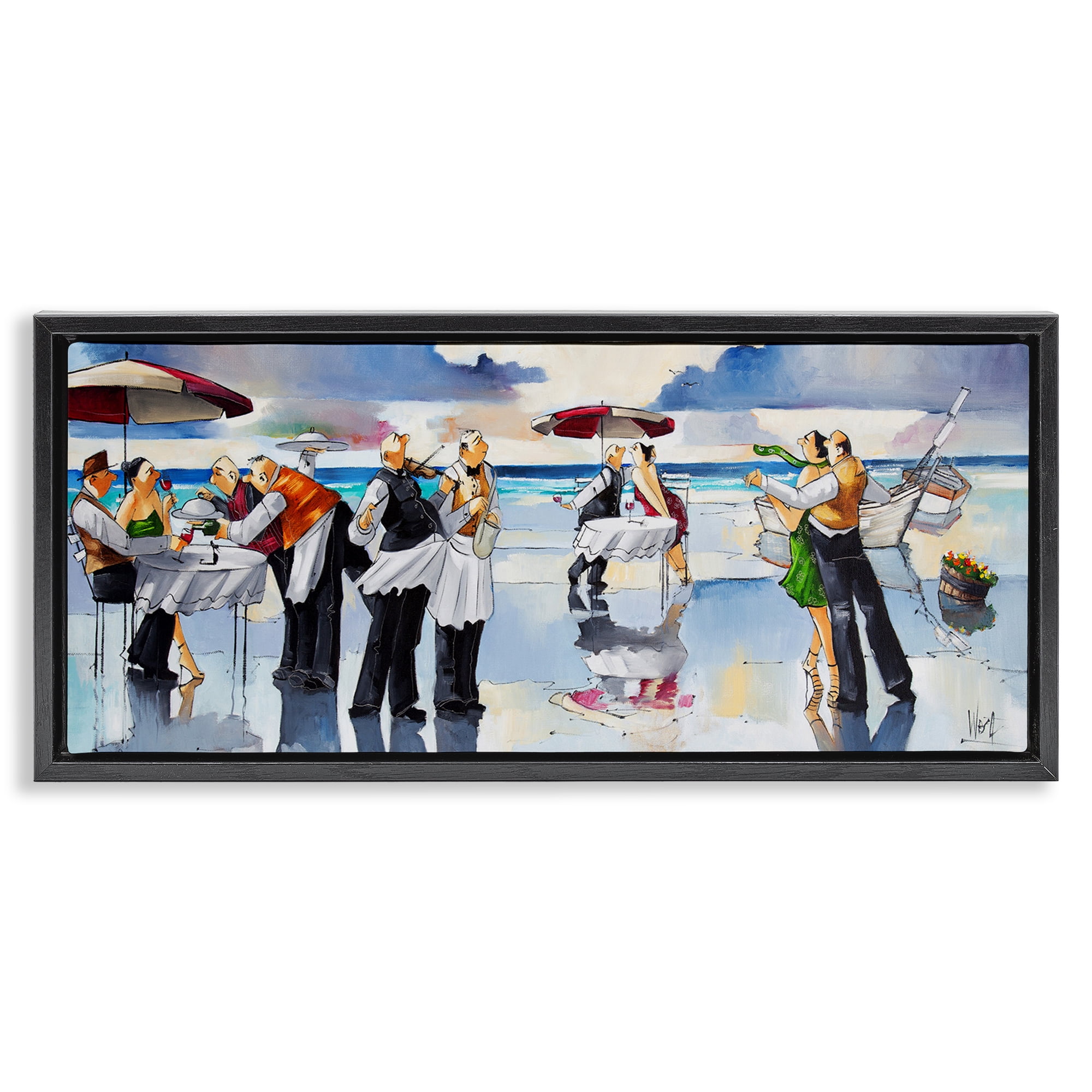Stupell Industries Fancy Dinner on Beach Novelty Painting Black Floater Framed Canvas Art Print Wall Art, 31 x 14