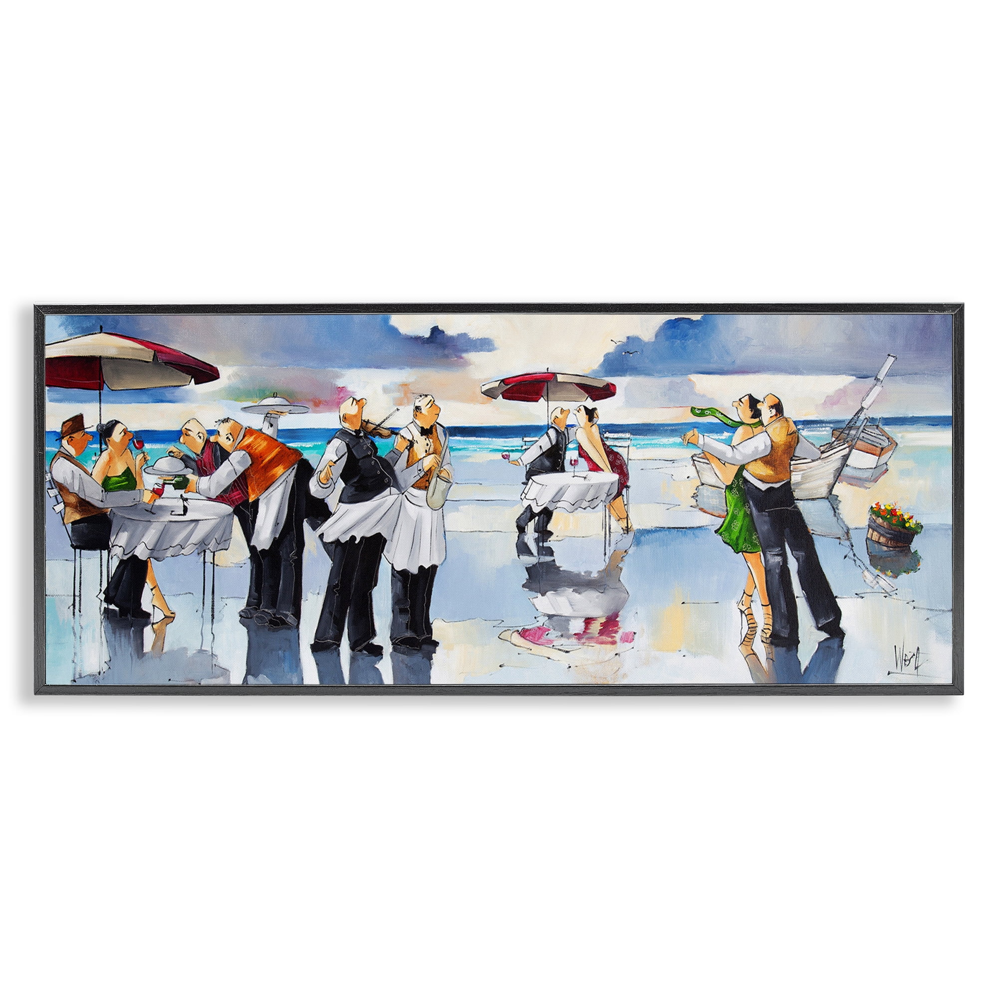 Stupell Industries Fancy Dinner on Beach Novelty Painting Black Framed Art Print Wall Art, 24 x 10
