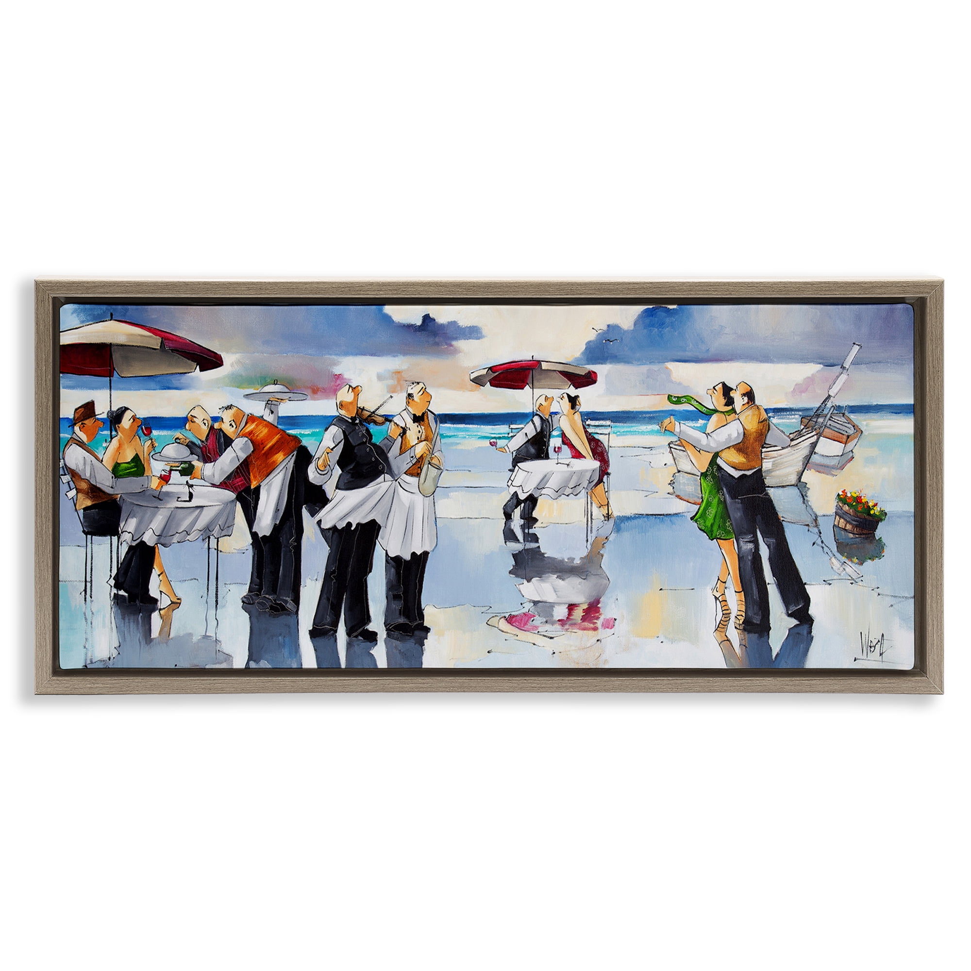 Stupell Industries Fancy Dinner on Beach Novelty Painting Brown Floater Framed Canvas Art Print Wall Art, 25 x 11