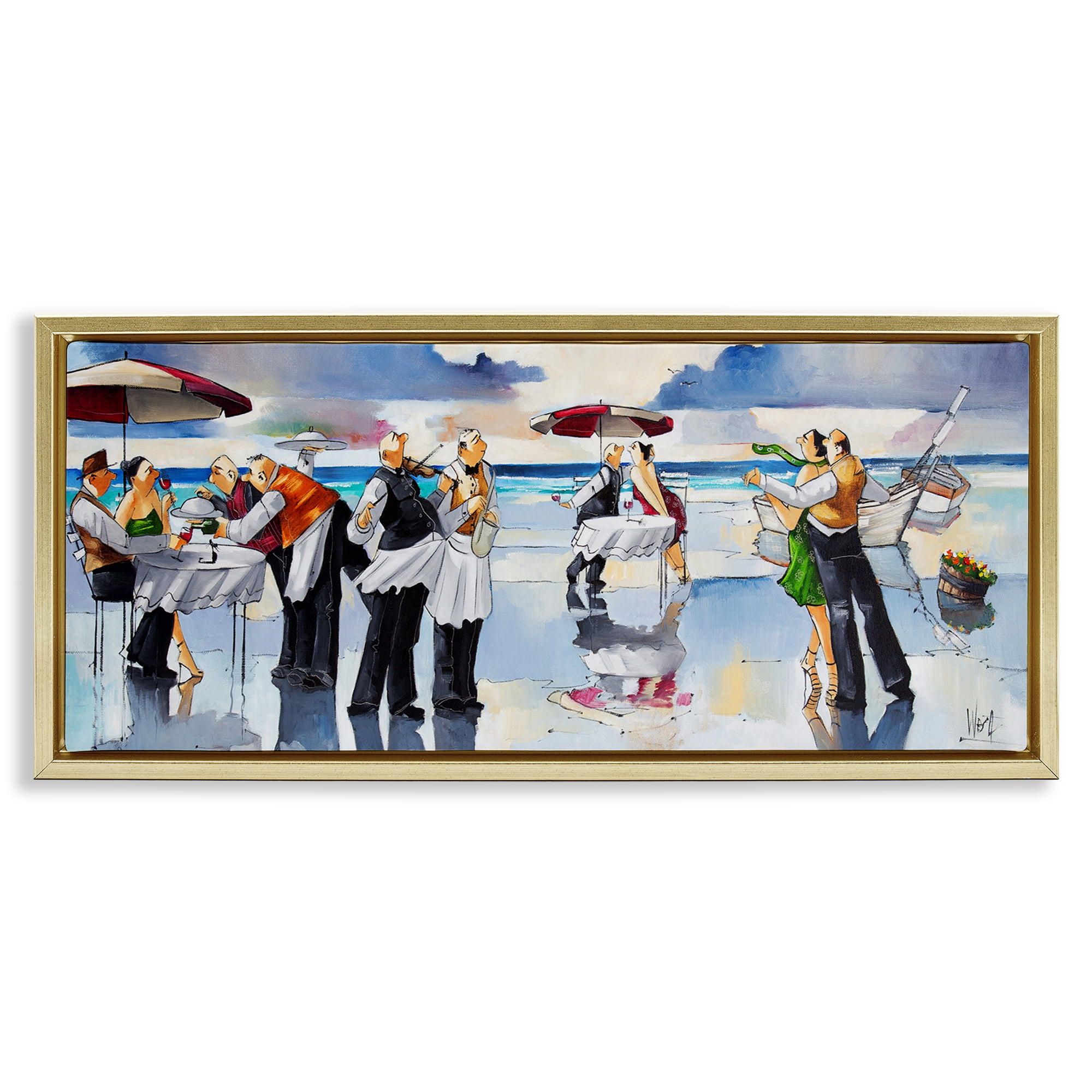 Stupell Industries Fancy Dinner on Beach Novelty Painting Gold Floater Framed Canvas Art Print Wall Art, 25 x 11