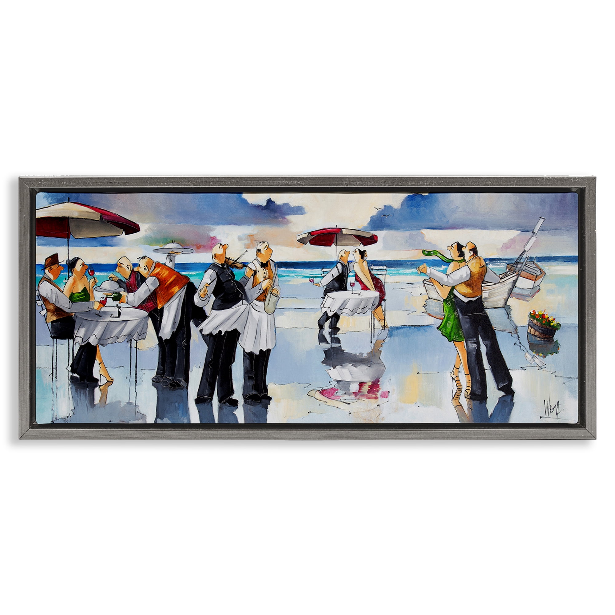 Stupell Industries Fancy Dinner on Beach Novelty Painting Gray Floater Framed Canvas Art Print Wall Art, 31 x 14