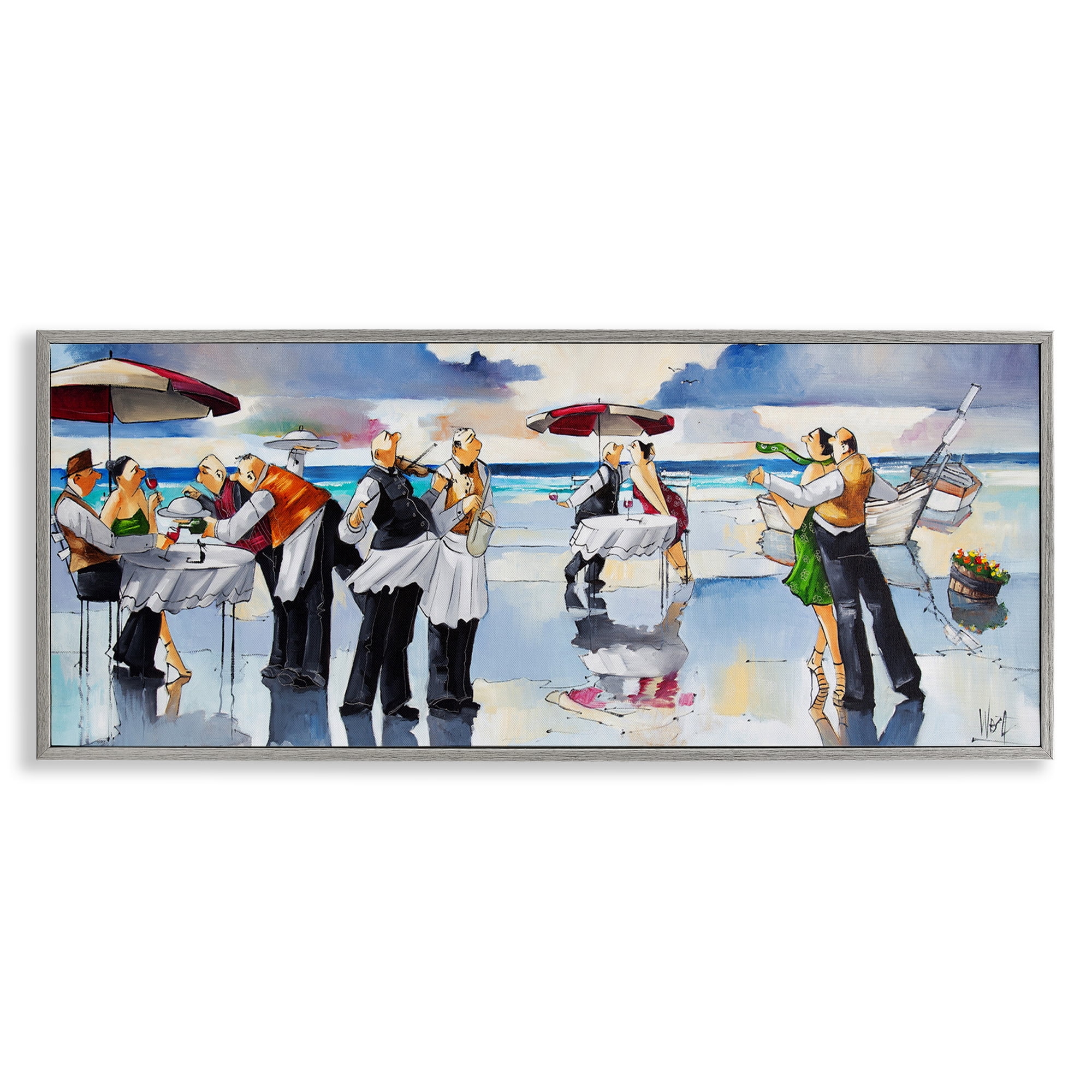 Stupell Industries Fancy Dinner on Beach Novelty Painting Gray Framed Art Print Wall Art, 24 x 10