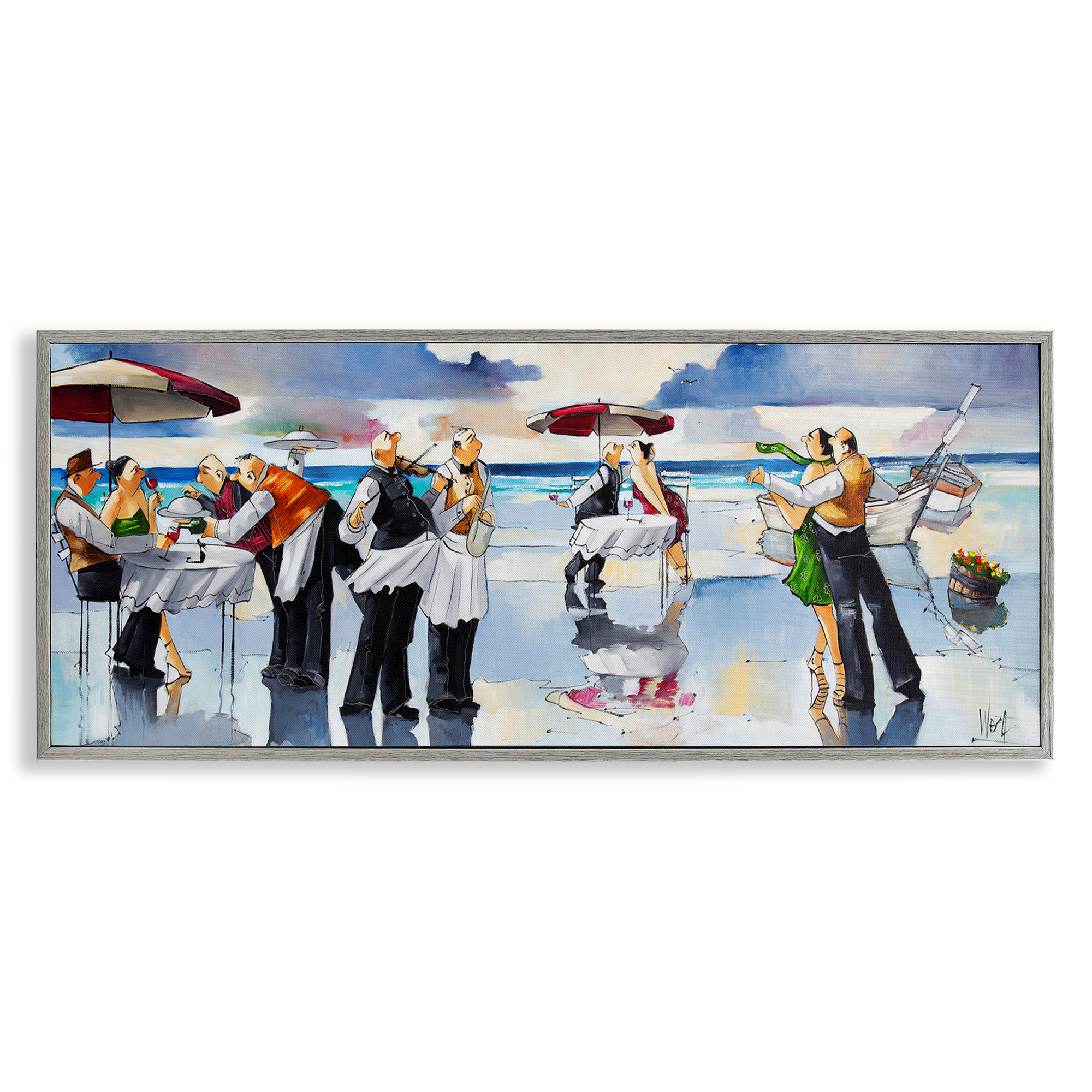 Stupell Industries Fancy Dinner on Beach Novelty Painting Gray Framed Art Print Wall Art, 30 x 13