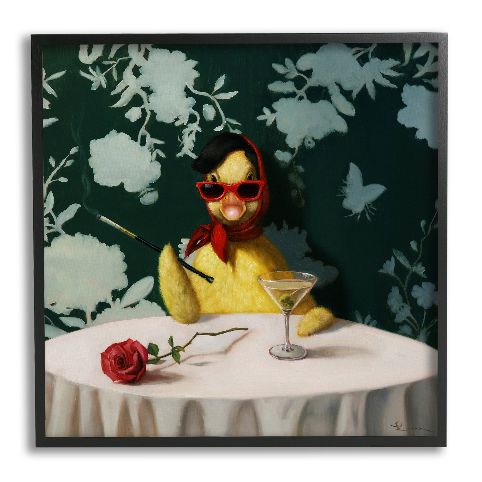 Stupell Industries Fancy Duck with Martini Animals & Insects Painting Black Framed Art Print Wall Art, 17 x 17