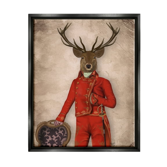 Stupell Industries Fancy Elk in Red Suit Animals & Insects Painting Black Floater Framed Canvas Art Print Wall Art, 17 x 21
