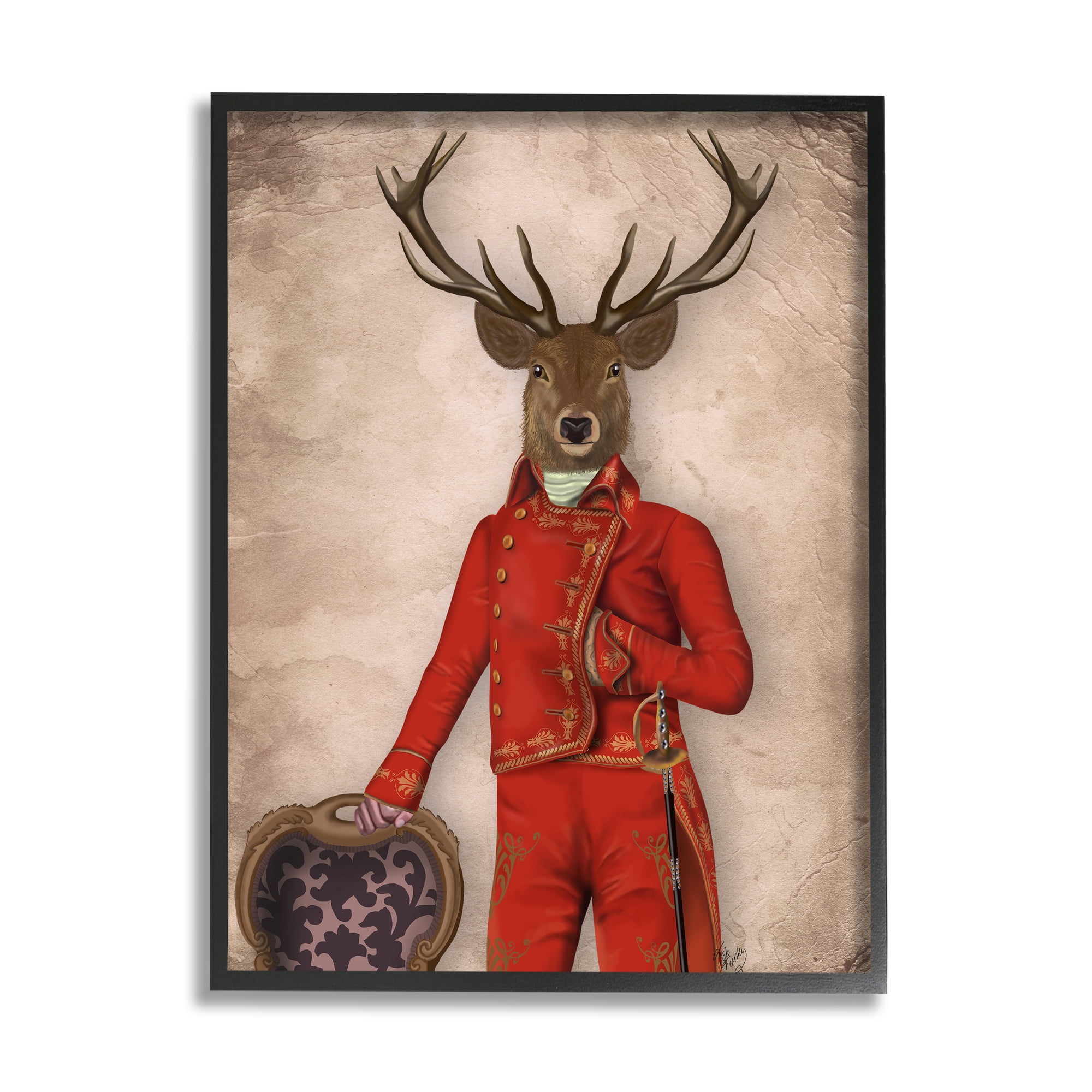Stupell Industries Fancy Elk in Red Suit Animals & Insects Painting Black Framed Art Print Wall Art, 16 x 20