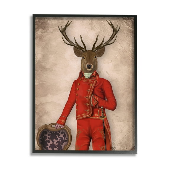 Stupell Industries Fancy Elk in Red Suit Animals & Insects Painting Black Framed Art Print Wall Art, 16 x 20