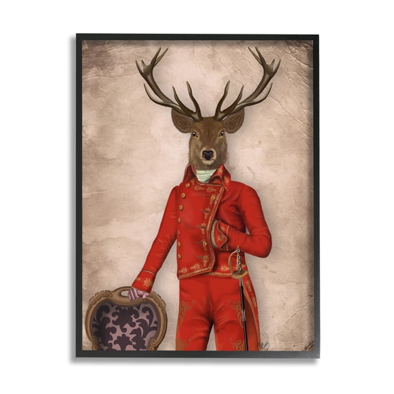 Stupell Industries Fancy Elk in Red Suit Animals & Insects Painting Black Framed Art Print Wall Art, 24 x 30