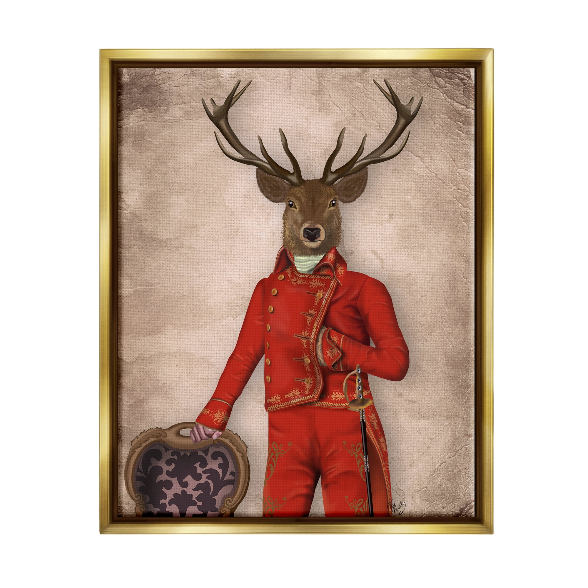 Stupell Industries Fancy Elk in Red Suit Animals & Insects Painting Gold Floater Framed Canvas Art Print Wall Art, 17 x 21