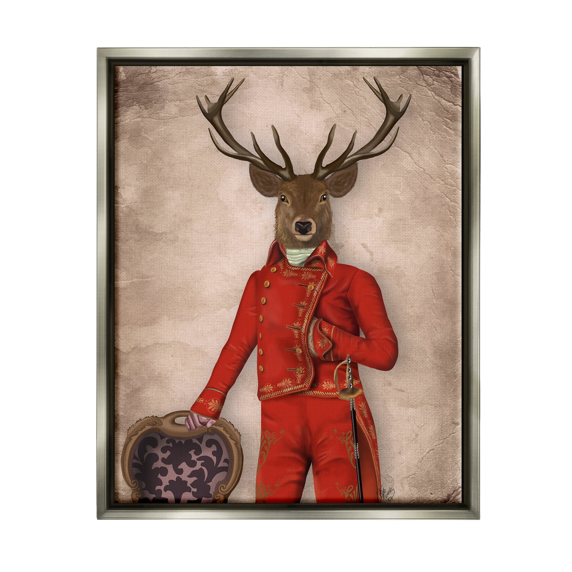 Stupell Industries Fancy Elk in Red Suit Animals & Insects Painting Gray Floater Framed Canvas Art Print Wall Art, 25 x 31