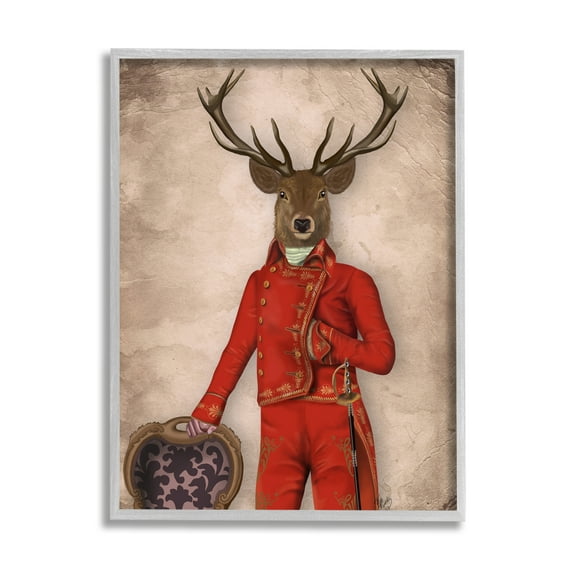 Stupell Industries Fancy Elk in Red Suit Animals & Insects Painting Gray Framed Art Print Wall Art, 16 x 20