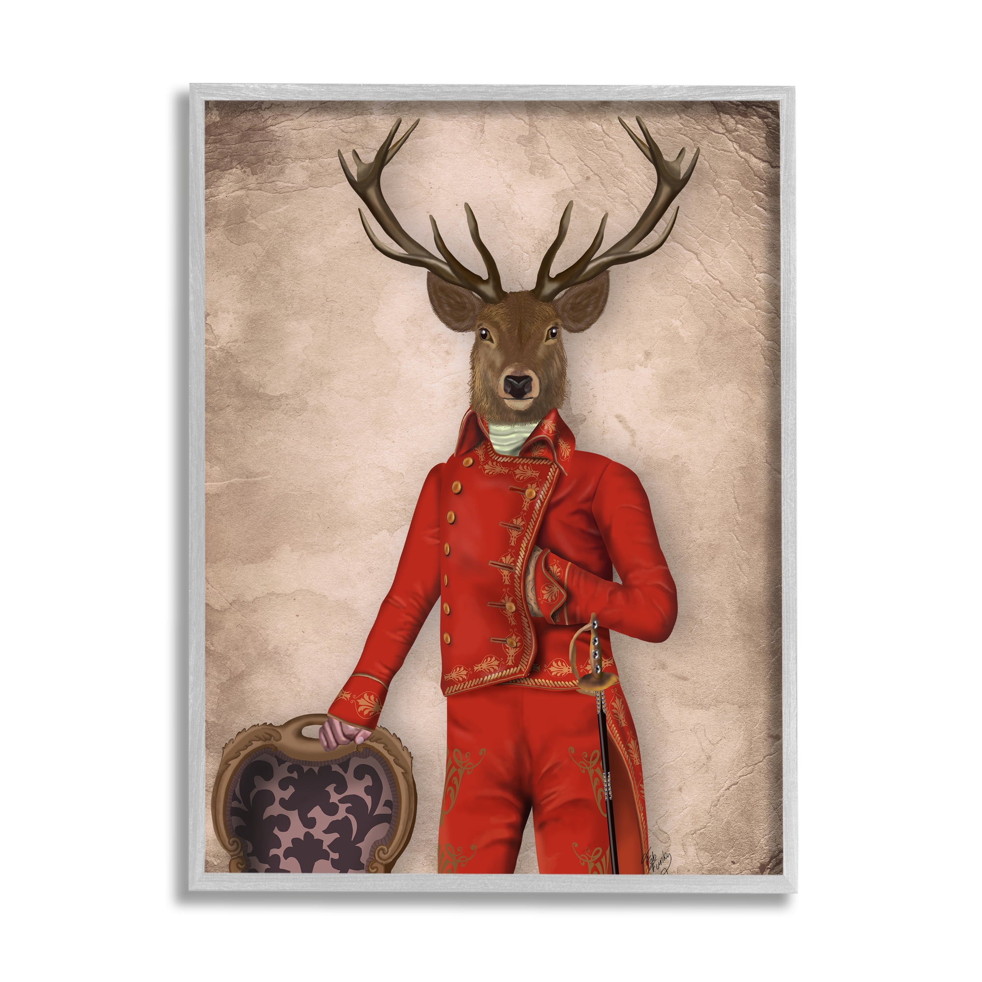 Stupell Industries Fancy Elk in Red Suit Animals & Insects Painting Gray Framed Art Print Wall Art, 24 x 30