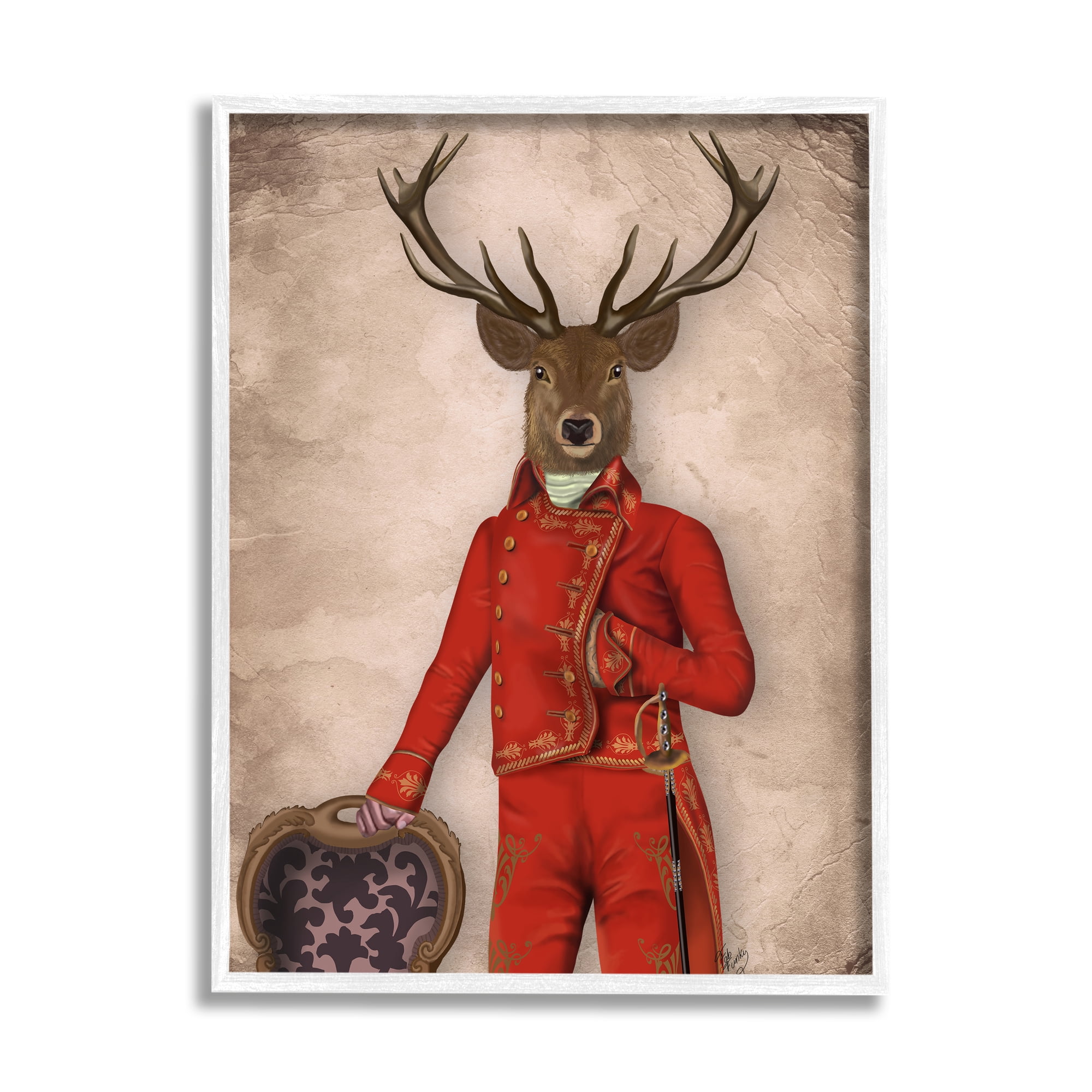 Stupell Industries Fancy Elk in Red Suit Animals & Insects Painting White Framed Art Print Wall Art, 11 x 14