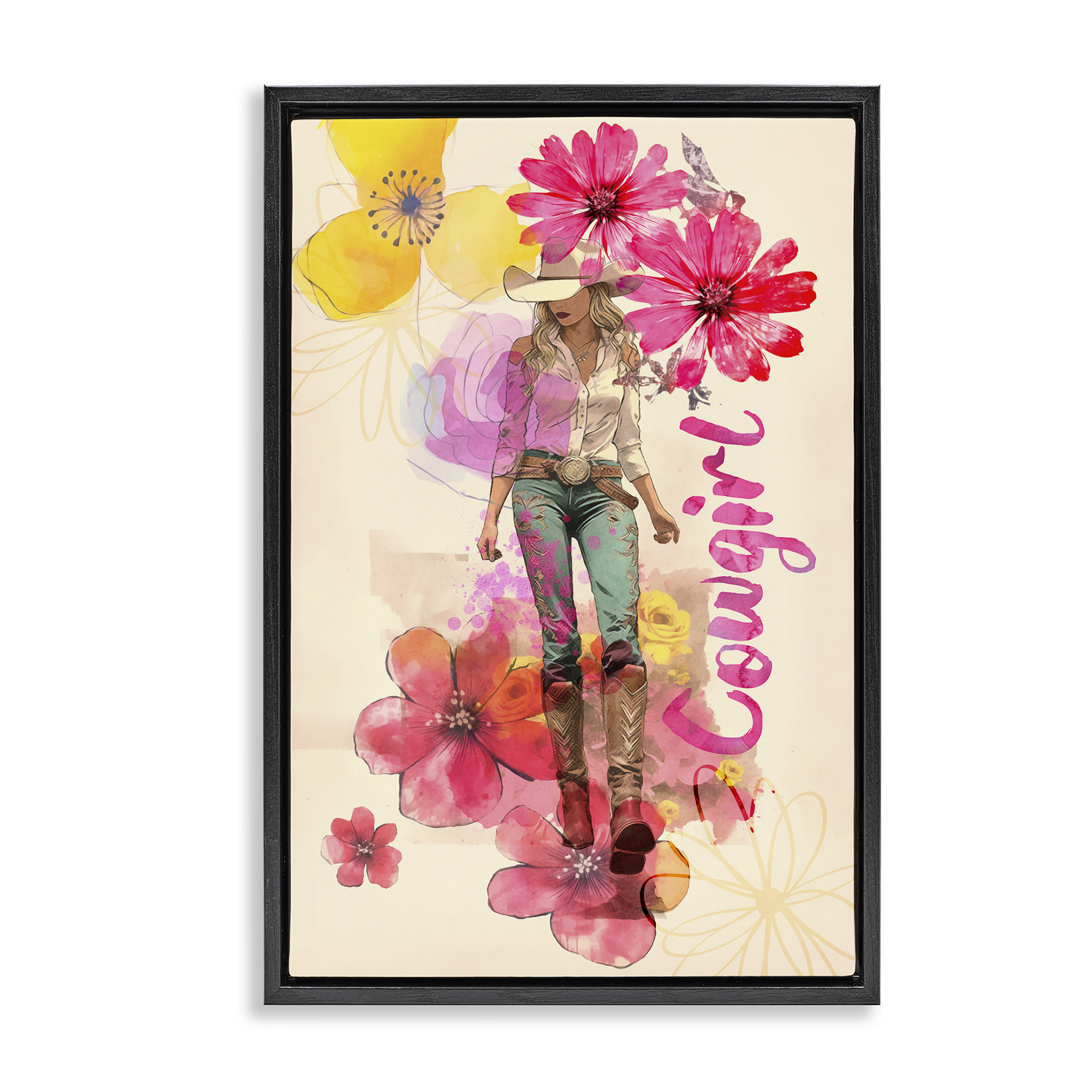 Stupell Industries Fancy Floral Cowgirl People Painting Black Floater Framed Canvas Art Print Wall Art, 21 x 31